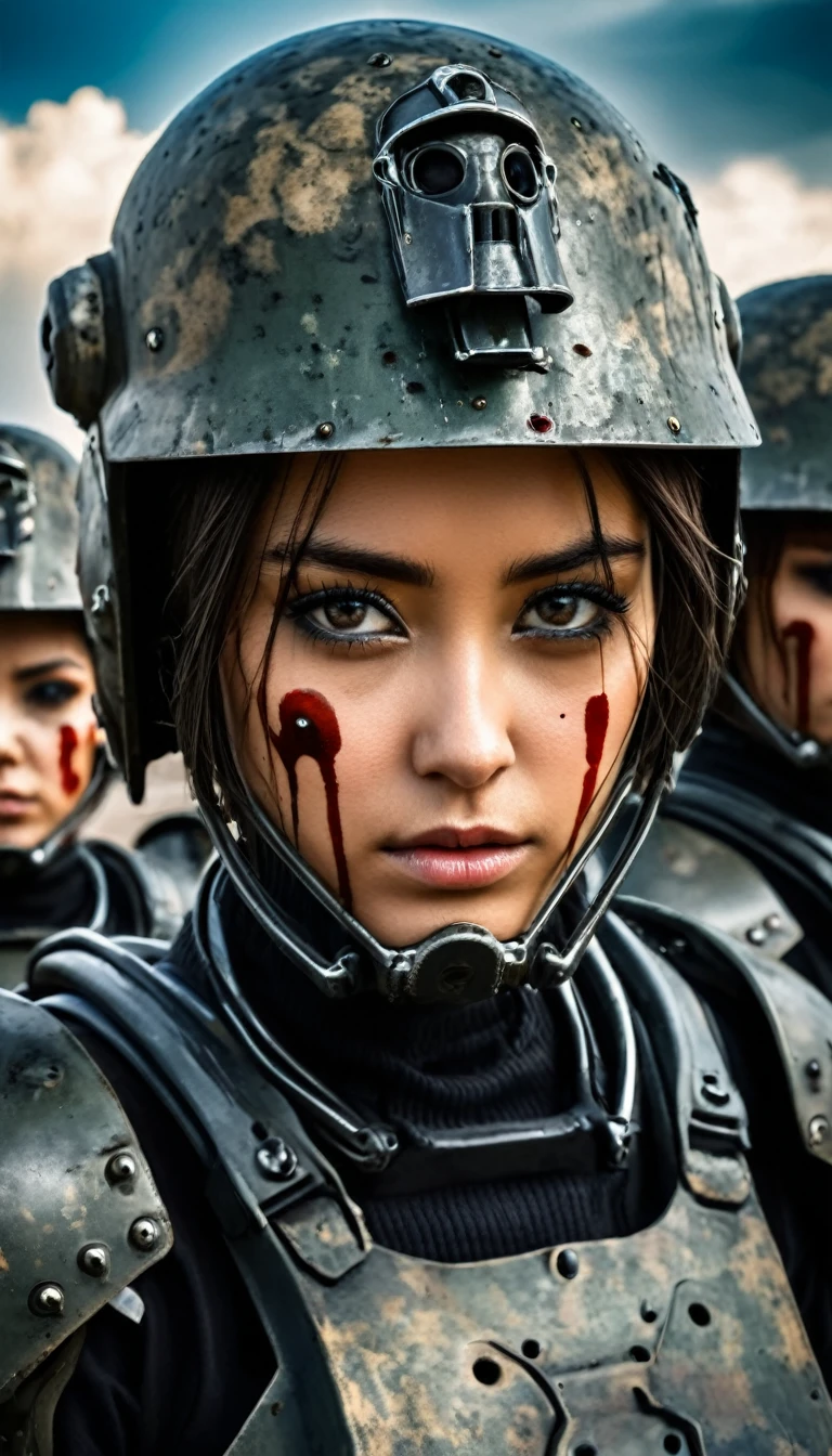Close-up of a ((extremely beautiful girl warior)) , their faces partially obscured by military helmets. Their eyes are filled with sadness and longing. The background is a trail of blood and violence. SHe wears a mechanized robot armor, carved with animal elements, human skulls. The sky is filled with swirling, fiery clouds. The photo conveys a strong sense of the warrior's appearance.