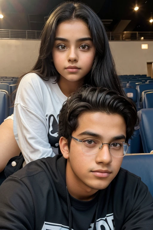 ((best quality)), ((masterpiece)), (detailed), a ager boy and a teen girl, couple, cute, selfie portrait, obese boy, cute girl, triangle forehead, boy with messy hair,girl with big eyes, cinema hall background, teenage le, oversized clothes, aesthetic, posing, boy is fat, girl with traingle shaped face, black haired, realistic, Indian teenagers, Toy has a big face while the girl has a small triangle face,the boy is wearing progressive lens

