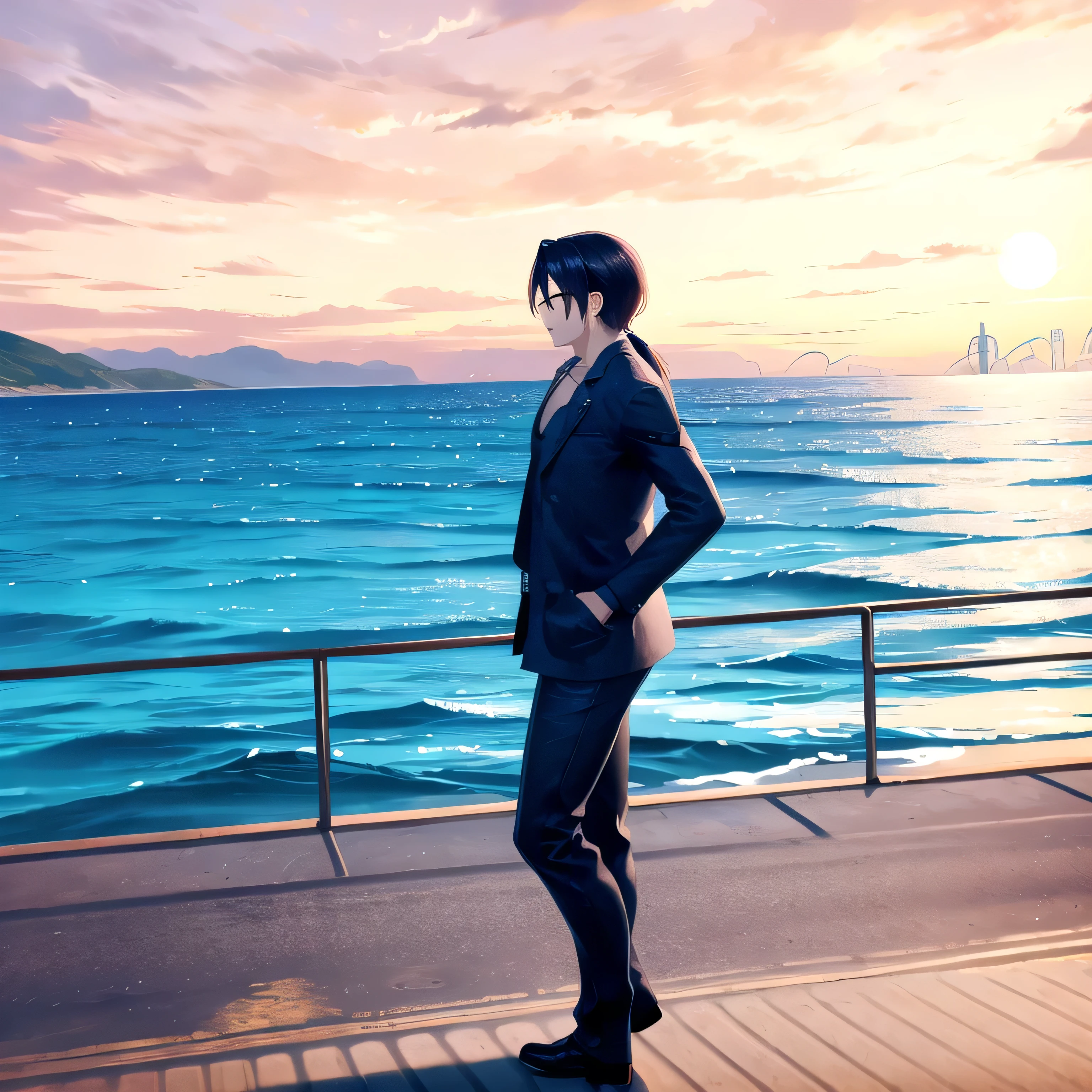 1guy, outdoors, beach, sunset, orange sky.