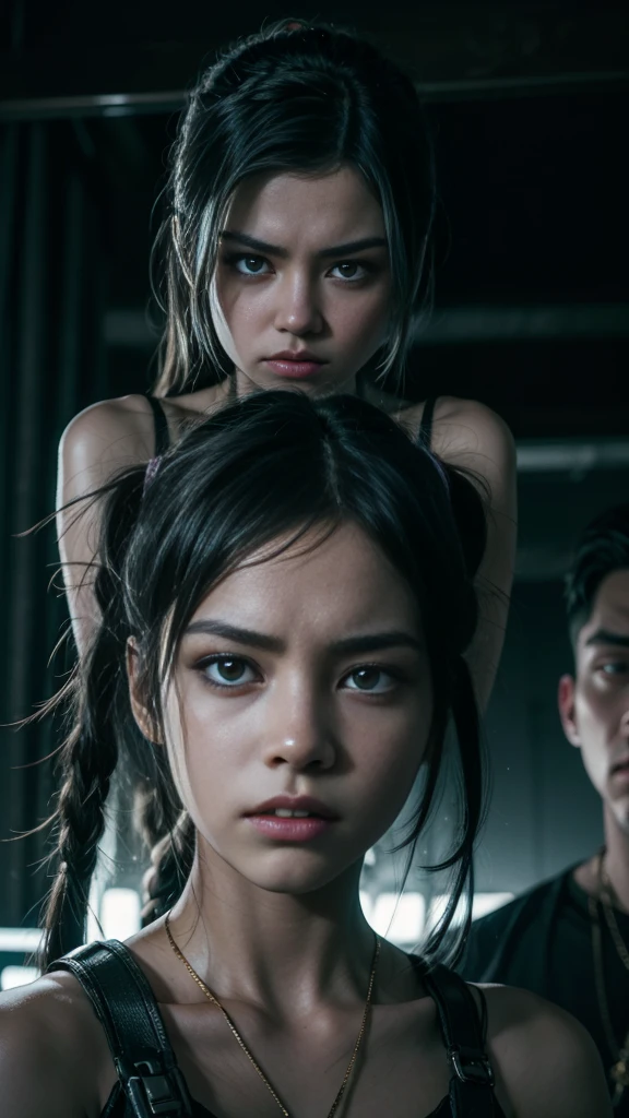Hyper-beautiful Cheshire cyberpunk girl with a boy on who she angry, girl is talking angrily with the boy, cinematic, a mystic, realistic photography, silver gold threads, dim lighting, RAW Photography