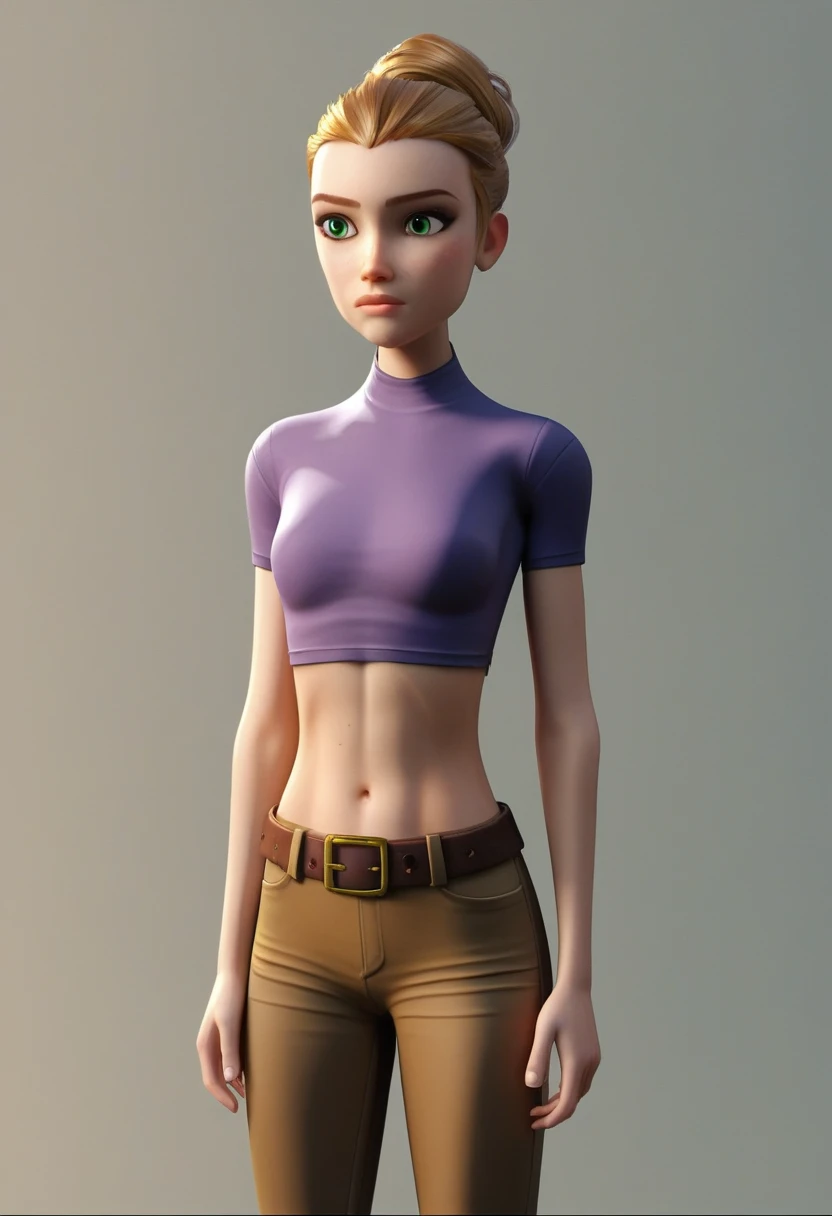 score_9,score_8_up,score_7_up BREAK April2007,1girl,solo,blonde hair, green eyes, single hair bun,cowboy shot, skinny, 3d, navel,midriff,belt,pants,crop top,brown cargo pants,cropped purple shirt