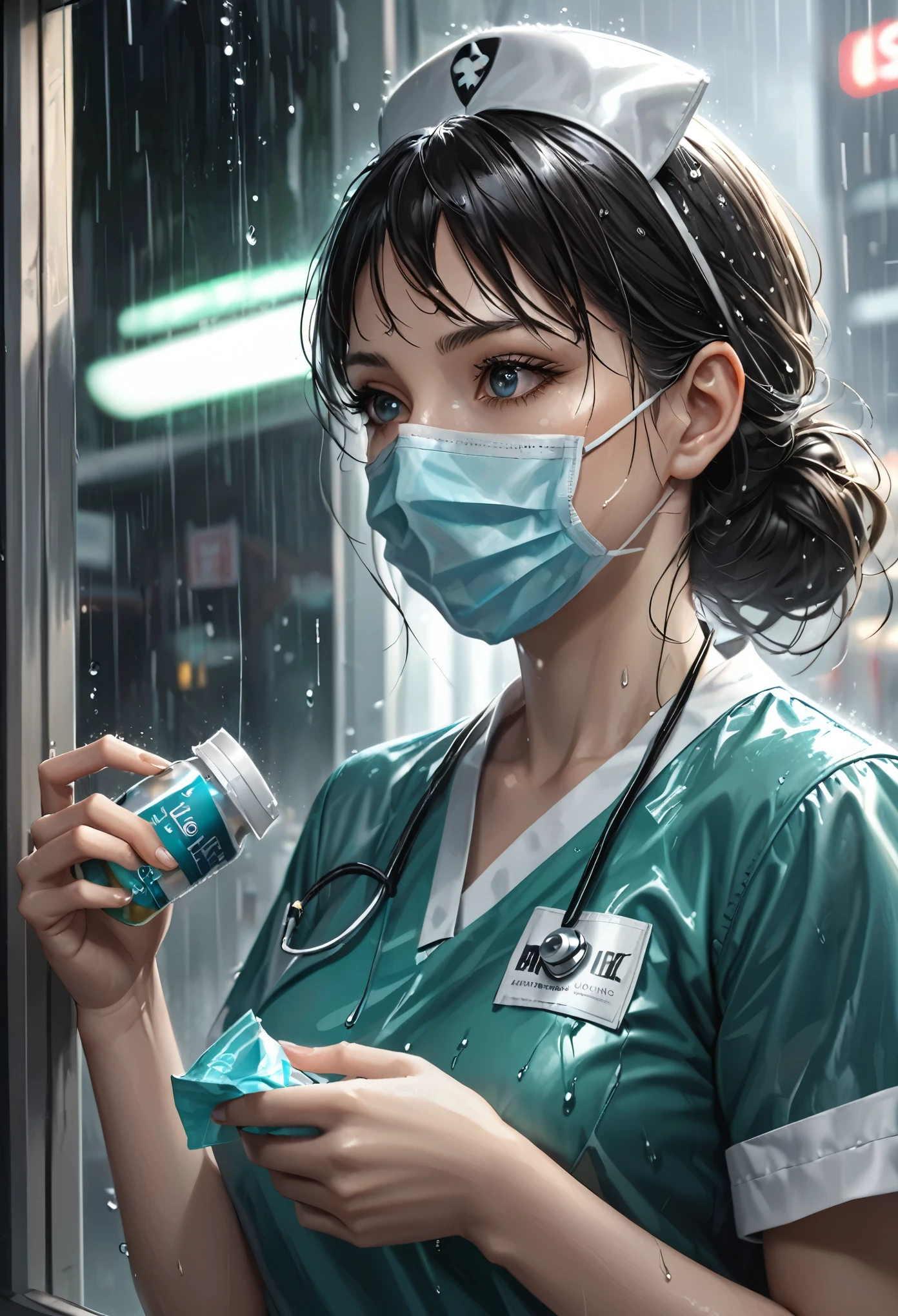 best quality, high resolution, ultra detailed, realistic, female nurse, holding medicines, wearing medical mask, heavy rain, wind, thunder, reflections, 