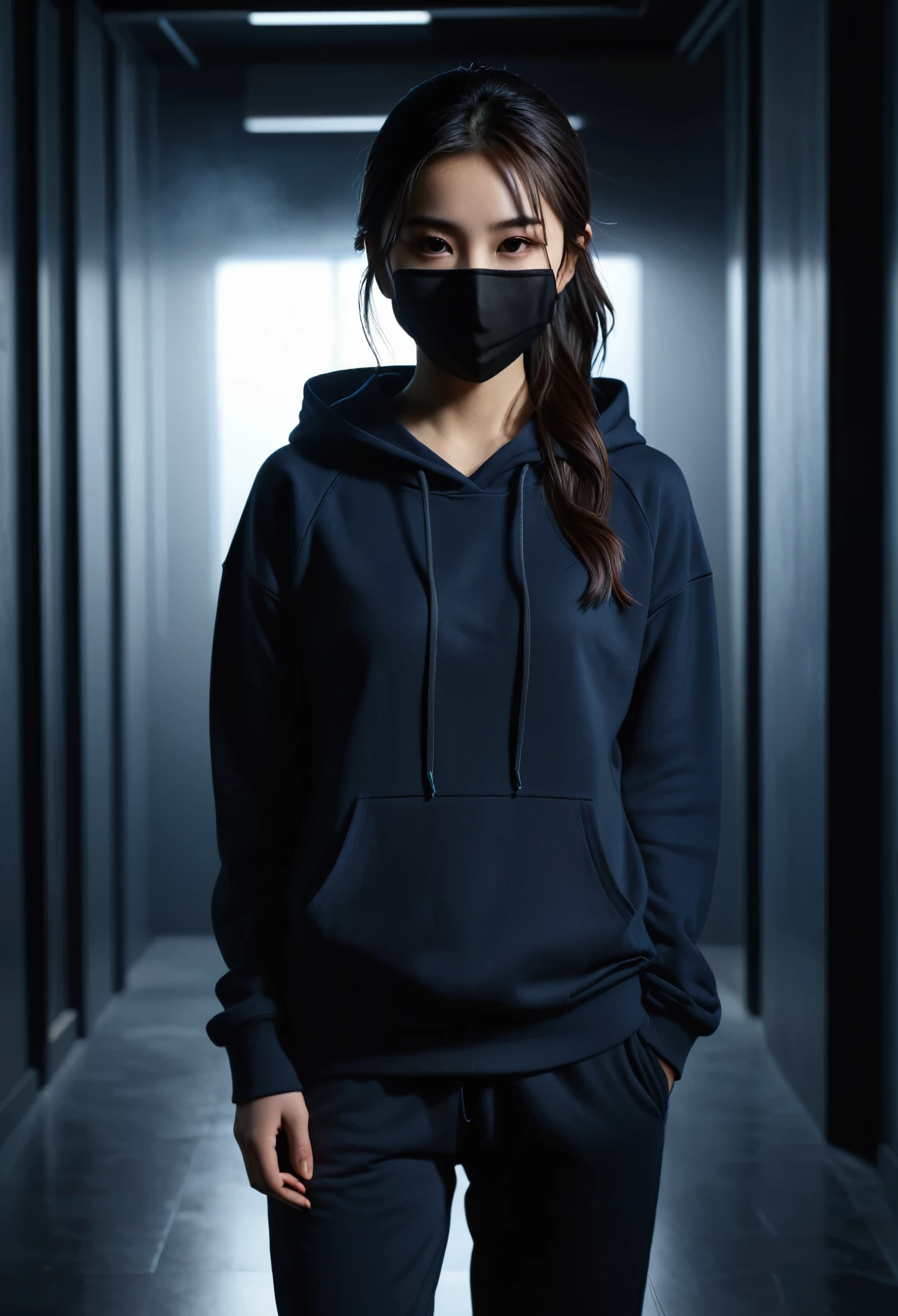 masterpiece, best quality, extremely detailed CG unity 8k wallpaper, 1 girl asian, simple black clothes, black hoodie, black sweatpants, dark blue mask from ear to ear, realistic, photorealistic, photo-realistic:1.37, cinematic lighting, dramatic lighting, chiaroscuro, moody, dark atmosphere, deep shadows