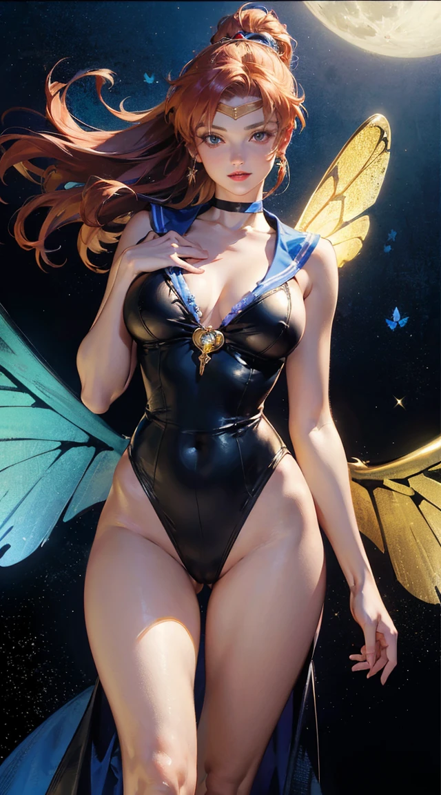 the sailor moon, Sailor Moon style, Beautiful, moon princess, blond-haired princess, portrait of magical girl, Kei from The Dirty Pair, , wearing a tight outfit, skimpy, medium breast, red hair beauty, cyberpunk city background, holding retro space-gun, headband, slim waist, slim thighs, thigh gap ((masterpiece, highest quality, Highest image quality, High resolution, photorealistic, Raw photo, 8K)), ((Extremely detailed CG unified 8k wallpaper)), A lone blue butterfly fluttering in the starry sky, Huge butterfly wings from the back, (blue glowing wings), Blue wings shining in the dark night, summer dress fluttering,