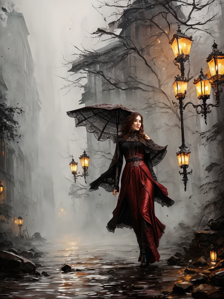 ((full body)) Victorian Hungarian redddish woman Woman of the 19th century, Hazel eyes, Red lips, Nice features, perfect face, perfect eyes, closed mouth, Wadim Kashin, James gurney, ink, Splash Art", Amazing beauty, Royo, after sexing, Super detailed splash art modern European ink painting, masterpiece, ultra HD