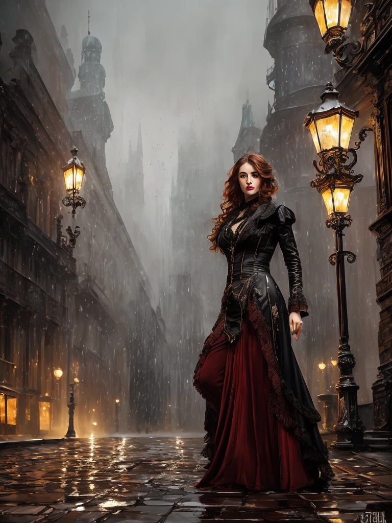 ((full body)) Victorian Hungarian redddish woman Woman of the 19th century, Hazel eyes, Red lips, Nice features, perfect face, perfect eyes, closed mouth, Wadim Kashin, James gurney, ink, Splash Art", Amazing beauty, Royo, after sexing, Super detailed splash art modern European ink painting, masterpiece, ultra HD