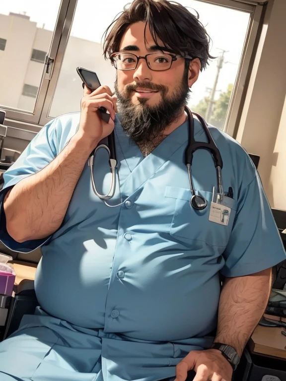 male, alone, ((Yossan)), beard, Glasses, (Are fat), (male性看護師), Medical scrub, Stethoscope, Interact with patients, Medical equipment, Bright hospital room, Supporting, smile
