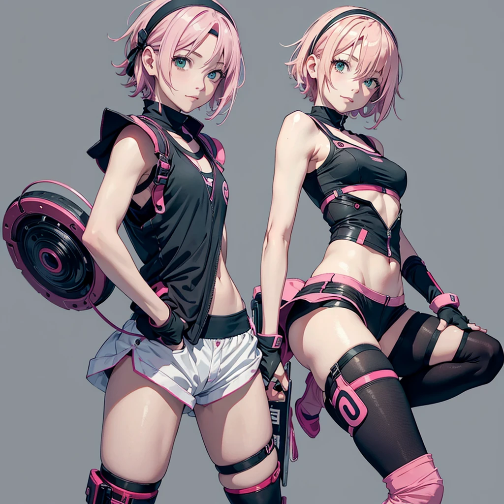 masterpiece, best quality, 1girl,haruno sakura, pink hair,  short hair, green eyes, bike shorts, black gloves, hairband, sleeveless, toeless footwear, bandages, hands on hips, full body, looking at viewer, standing, smile, solo, (simple background , solid grey background) 