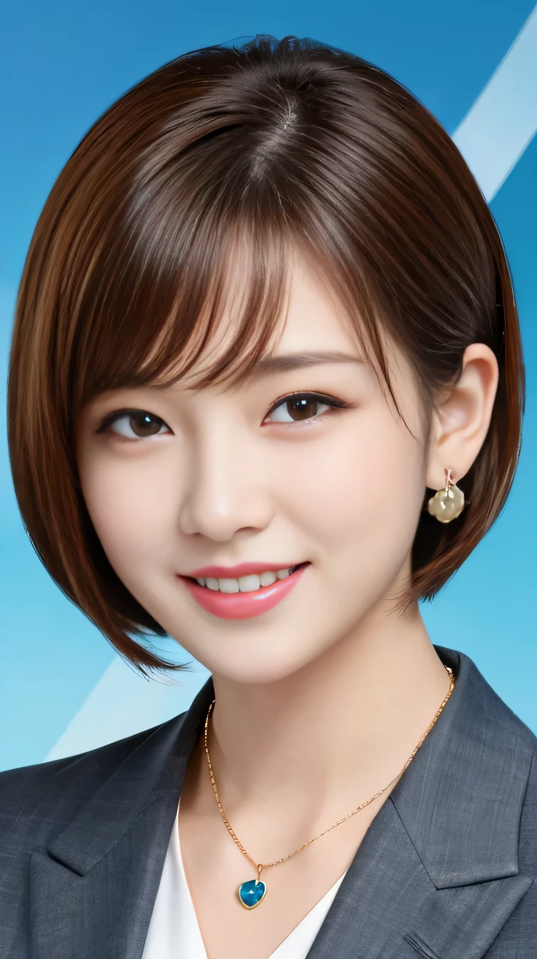 high quality:1.2), RAW Photos, High resolution, Very detailed, Intricate details, 、ear piercing、、smile、short hair、Light brown hair、、Clear beauty,High Quality Fabric, Office Lady Suits 、Necklace around the neck、, The background is the office
