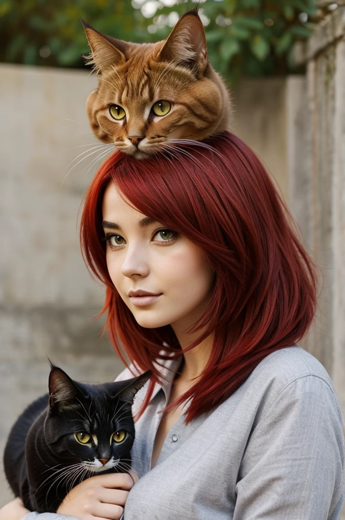 Style manga femme au cheveux rouge avec son chat soleil couchant