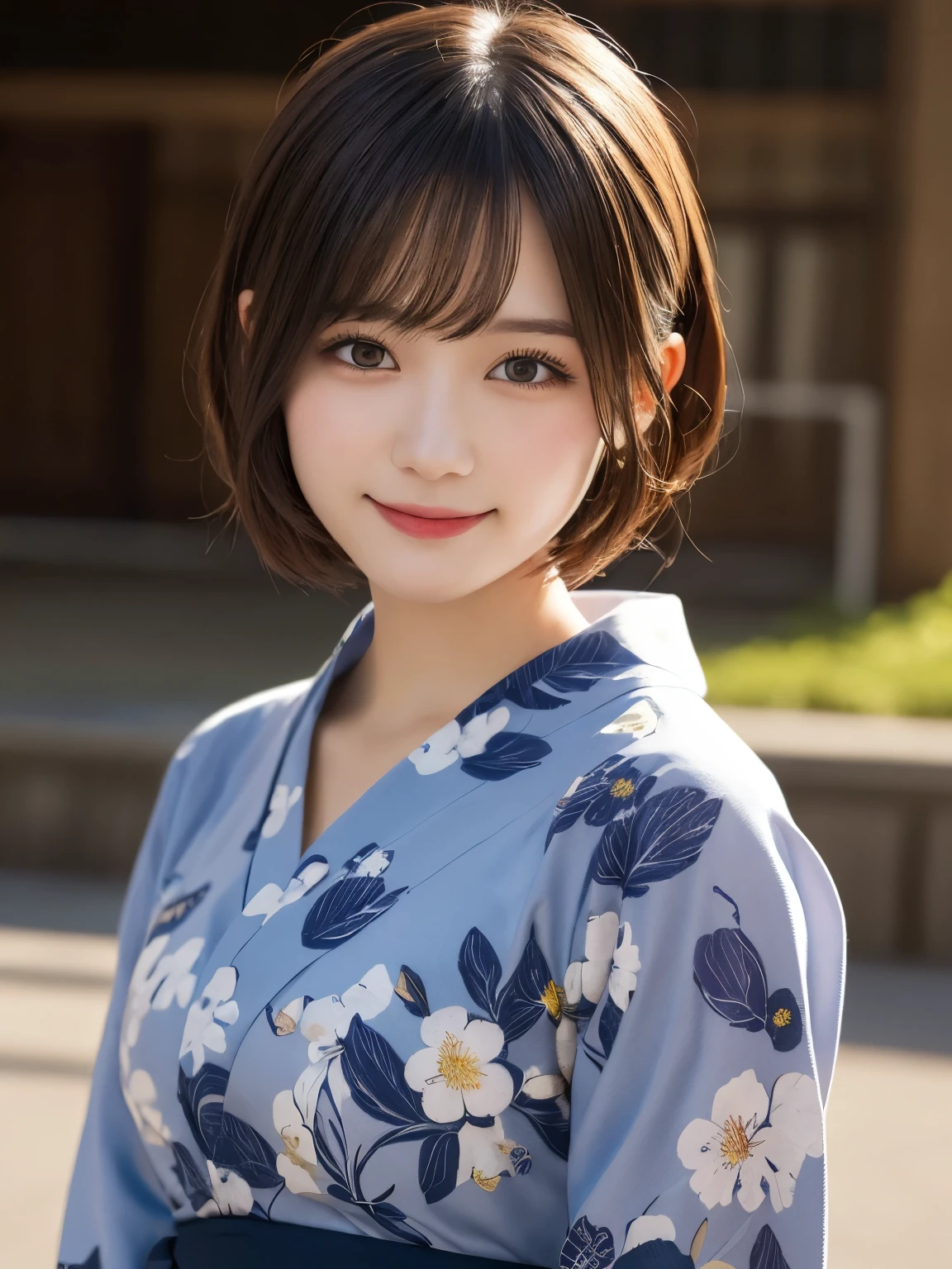 masterpiece, best quality, illustration, ultra-detailed, finely detailed, high resolution, 8K wallpaper, perfect dynamic composition, beautiful detailed eyes, yukata, short hair, respectful expression, cute, smile, looking at camera