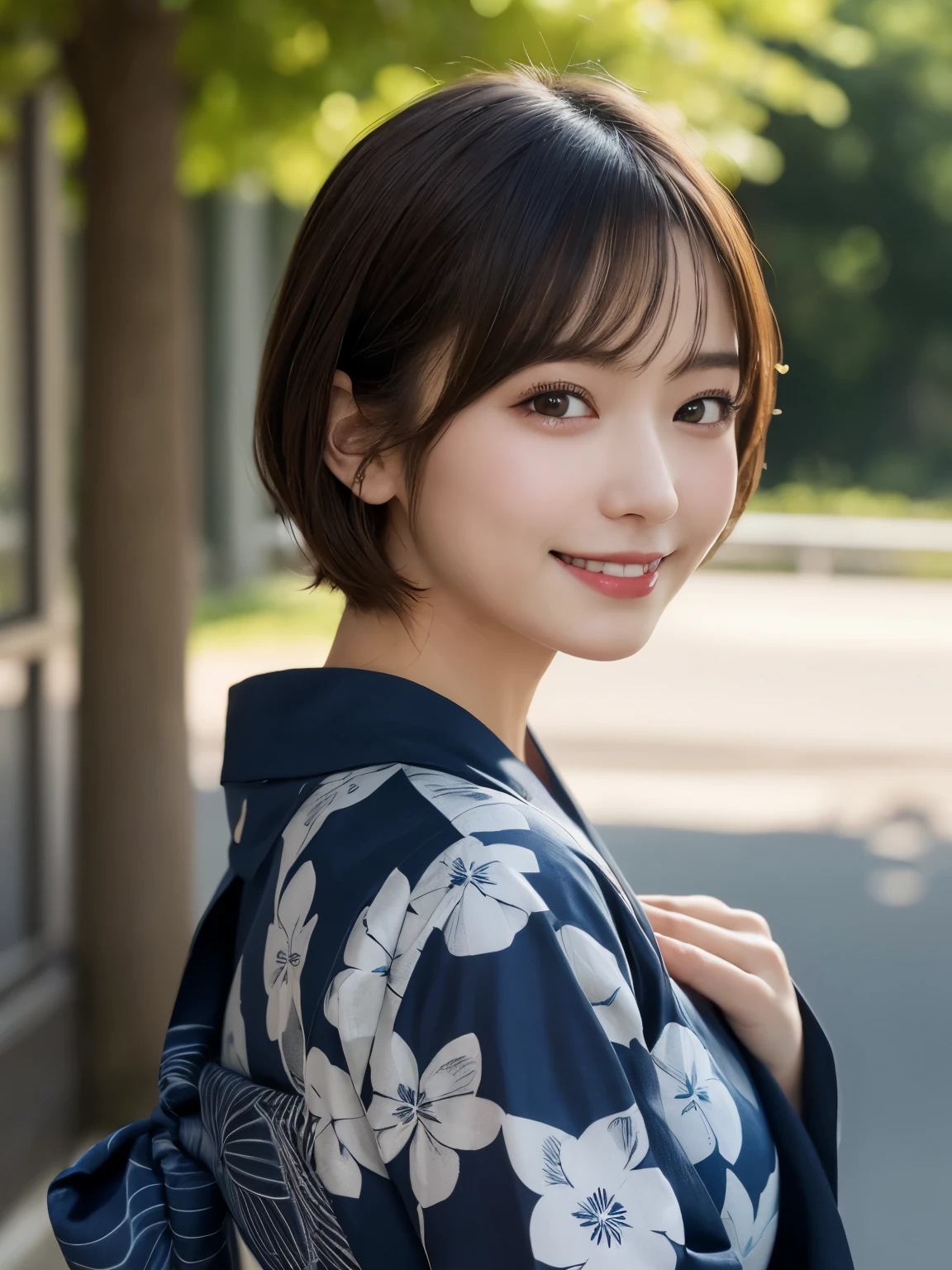 masterpiece, best quality, illustration, ultra-detailed, finely detailed, high resolution, 8K wallpaper, perfect dynamic composition, beautiful detailed eyes, yukata, short hair, respectful expression, cute, smile, looking at camera