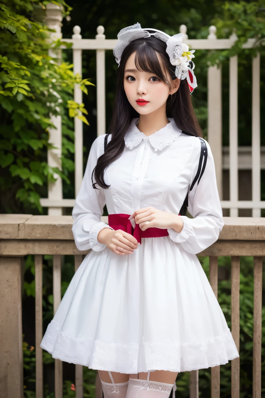 In the image、There are female characters dressed in classic Lolita fashion.。She is standing slightly to the left、The body faces the viewer。The character has long black hair styled in soft waves.、She has white flower headpieces on either side of her head.。Her makeup is subtle、Rosy cheeks and red lipstick give her a doll-like appearance。

she is wearing a white blouse、Long sleeves and ruffled collar and cuffs。On top of the blouse、She wears an intricately printed dress with Victorian motifs。This print has、Decorative frame、chandelier、Contains classical artwork。The skirt of the dress is layered with lace trim.、The bodice is tied with a ribbon、It accentuates her waistline。Her outfit was completed with white stockings and matching shoes.、The overall look is elegant and classic.。

In the background is an intricately designed wrought iron gate.、Partly blue々It is covered with lush green leaves.、It contrasts with her white, pale outfit.。The lighting is natural、Probably from outside、Create soft shadows、It highlights the texture of her dress and accessories.。

The overall atmosphere of the image is sophisticated and has a vintage feel.、Capturing the essence of classic Lolita fashion、It adds a little fantasy charm.。