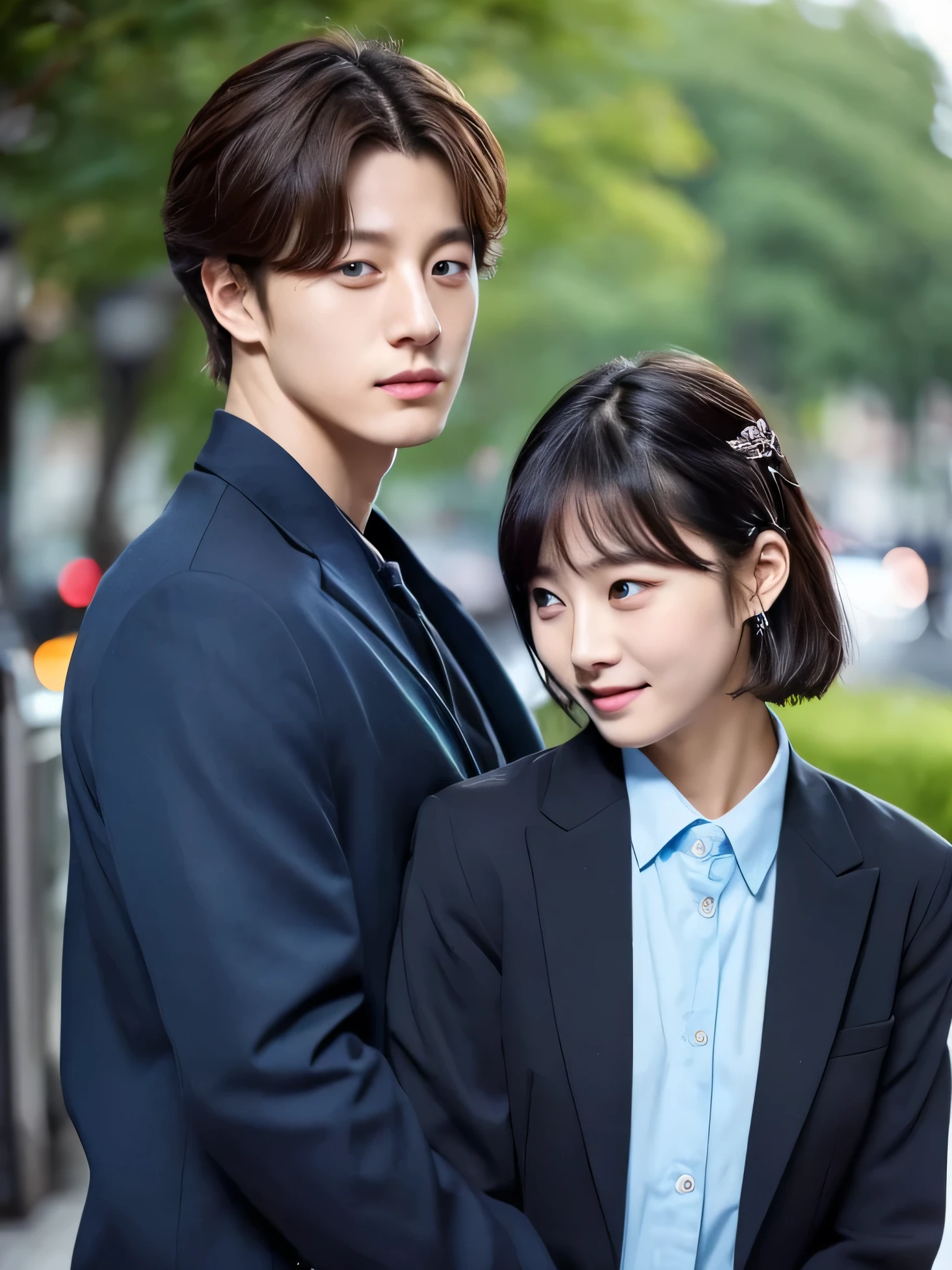 Photograph of a South Korean heterosexual couple, attractive man and attractive woman, the woman is shorter than the man, with a tender face and soft blonde hair, tall handsome man wearing long sleeve button down shirt, with black hair and blue eyes, Jungkook de bts y WONYOUNG. You can see both their faces down to their pelvises., The man is grabbing the gorgeous woman by the waist with one hand, attractive and korean couple, Romantic couple