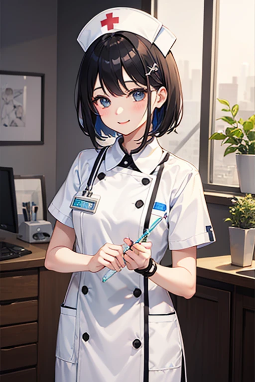 Highest quality、Black Hair、Iris、short hair、girl、cute、16 years old、、Small hair ornament、1 person、Cosplay、nurse、Nurse uniform、A happy look、bright、Holding a syringe