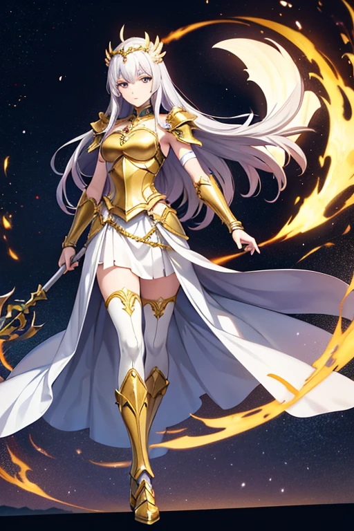 Anime Art、Full body portrait、Warriors in fantasy worlds、１A tall woman, about 170cm tall and about 34 years old, wearing a golden breastplate and shoulder armor and a long white skirt reaching down to her ankles, walking with a long spear in her hand.、Hair is semi-long、Silver Hair、Expressionless、Golden Eyes、Arm guard、Leggers、Wearing a helmet with wing-shaped ornaments、Flat chest
