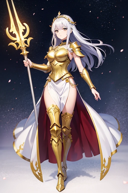 Anime Art、Full body portrait、Warriors in fantasy worlds、１A tall woman, about 170cm tall and about 34 years old, wearing a golden breastplate and shoulder armor and a long white skirt reaching down to her ankles, walking with a long spear in her hand.、Hair is semi-long、Silver Hair、Expressionless、Golden Eyes、Arm guard、Leggers、Wearing a helmet with wing-shaped ornaments、Flat chest