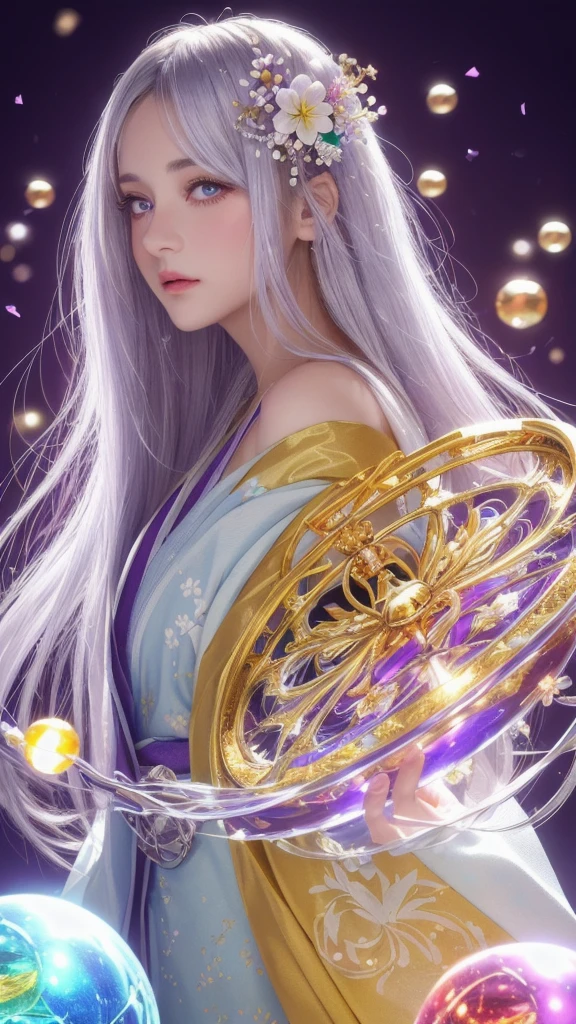 (masterpiece:1.3), (8k, photorealistic, raw photo, highest quality:1.4), (one girl), beautiful face, (realistic face), (long hair), (silver hair, near white hair, shiny hair, beautiful straight hair), (even bangs), (sharp bangs), straight hairstyle, realistic eyes, beautiful detailed eyes (purple eyes), (sharp eyes), (realistic skin), beautiful skin, (kimono), (magician's kimono), (flower hair ornament), attractive, ultra high resolution, ultra realistic, highly detailed, golden ratio, colorful background, (flowers blooming), (energy dancing background), magician, facing forward, facing from shoulders, looking straight ahead, both shoulders facing towards you, holding crystal ball, (heart crystal ball, love crystal ball).