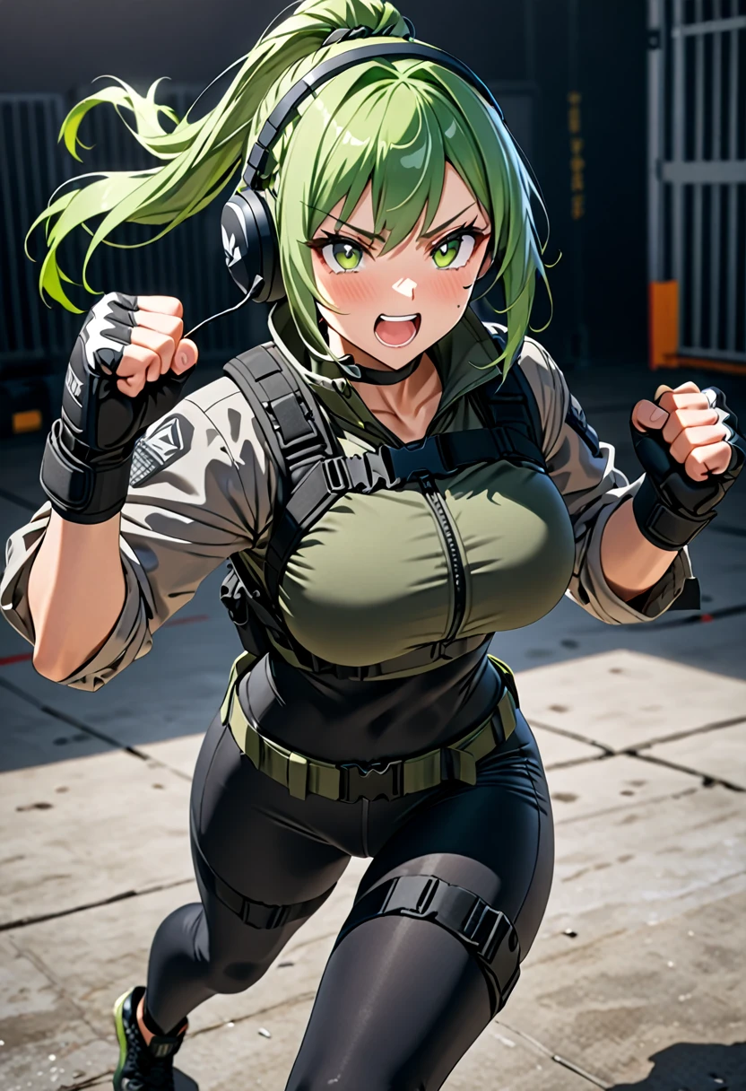 8K Ultra High-Quality, ultra-detailed, High quality, exited face, big chest, Green hair, Long pony tail tied hair, Headset, Tactical clothes, Military clothes, Grey Jacket, black spandex under clothes, body harness, Looking at viewer, clenched fist, MMA Gloves, choker, full body, close up