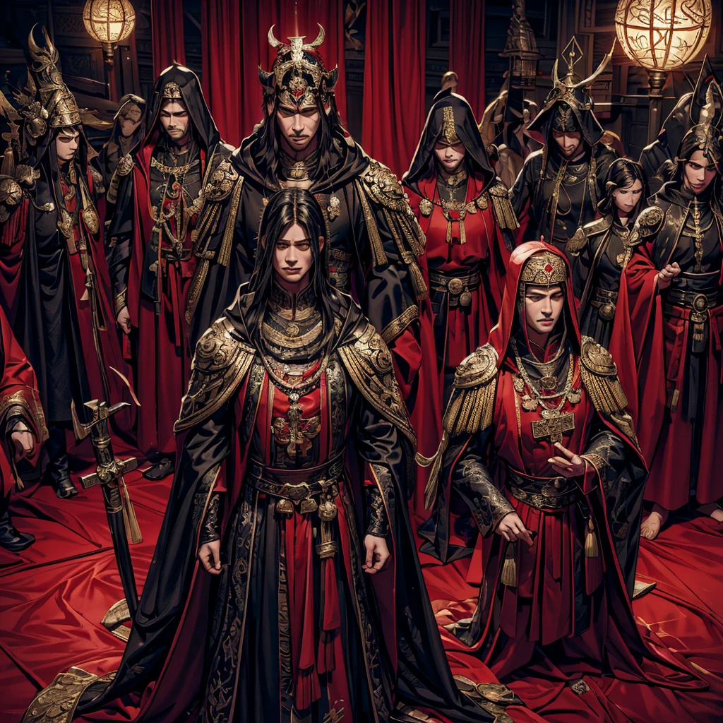 Robes of the Apostles of the Vampire Religion Ceremonial Robes: Farbe: The old man, gentleman dressed in robes is predominantly black, symbolizing the connection with darkness and the mystery of vampires. Details of dark red or burgundy, representing blood and life, adorn the edges and sleeves. Material: Made of luxurious fabrics such as silk or velvet, to give a sense of wealth and power. Farbete: Long and flowing, reaching the floor, with wide sleeves that open in a bell shape, allowing for graceful and imposing movements during ceremonies. Hooded cloak: Hooded cloak: A wide hood that can partially cover the face, adding an air of mystery and reverence. The inside of the hood is lined with red fabric, visible when the hood is worn. Details: The cloak is fastened at the shoulder with brooches in the shape of bats or stylized crosses, symbols associated with vampires. Adornments and accessories: Necklaces: Heavy necklaces with pendants in the shape of vampire teeth, drops of blood, or small vials containing red liquid, symbolizing the essence of life and submission to vampiric power. Belts: Dark leather belts with ornate buckles, in which the apostles may carry small sacred books, amulets, or ritual tools. Gloves: Gloves of fine leather or black lace, to add a touch of elegance and mystery. Insignia and emblems: Symbols: Each apostle wears an insignia embroidered in silver or gold on their chest or cloak, representing their position within the religious hierarchy. The symbol may be an inverted cross with bat wings, a chalice filled with blood, or a crescent moon. Clues: Satin or silk clues on the chest, with inscriptions or runes in the ancient language of the vampires, indicating the apostle's title and order. Ceremonial Masks: Design: In certain ceremonies, the apostles may wear stylized masks of silver or black metal, with delicate features that resemble pale, immortal faces. The masks cover the eyes and nose, leaving only the mouth visible.