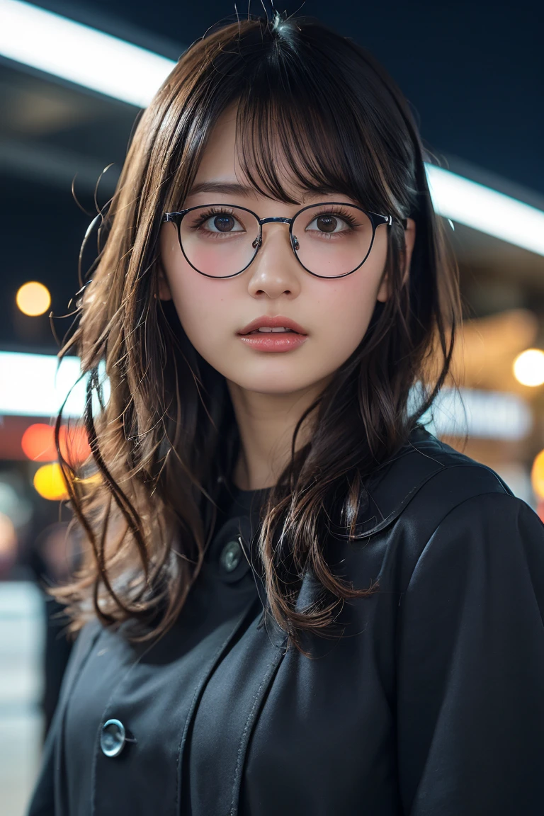 (8k、RAW Photos、Highest quality、masterpiece:1.2)、(Realistic、Photorealistic:1.37)、Ultra-detailed、Ultra-high resolution、1 girl、Seeing the viewer、Beautifully detailed face、Laughter、narrow、(Narrow waist) :1.3)、Chic autumn clothes、Beautifully detailed skin、Skin Texture、Floating Hair、((Curly Hair, Quirky hairstyle, Ahoge))、Professional Lighting、In front of the station at night、((Black square glasses ))、Human whole body、Brown Hair、Clothes color is random
