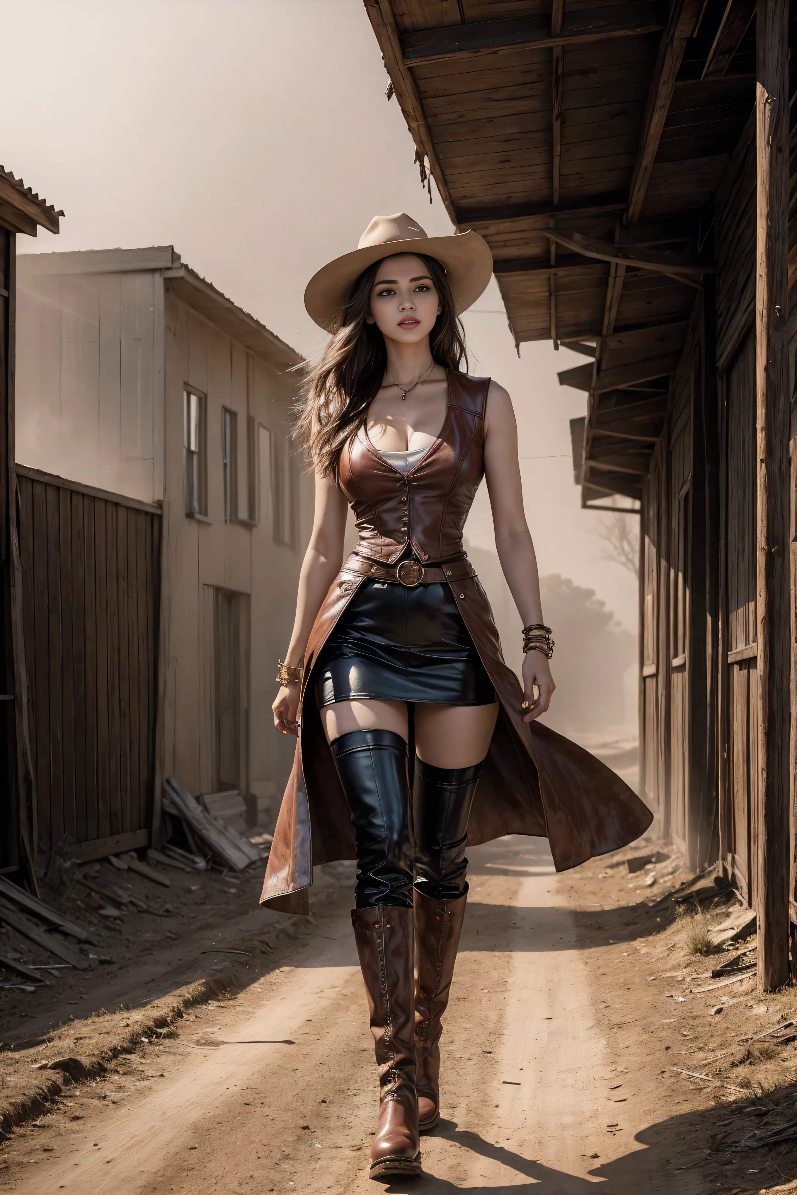 Full body cowboy woman circa 1880s, Brown long straight hair, Brown eyes, High arched eyebrows, Slender and graceful neck, Red lips, Large Breasts, Brown Leather Tights, Sleeveless Brown Leather Vest, Leather Boots, Walking on the dusty sandy streets of a deserted North American town,The wind blew through her hair, Practical, photoPractical, photoPractical, fear, Dark gloomy atmosphere and dramatic lighting, dark red, Foggy environment, Detailed facial expressions, Terrible fog