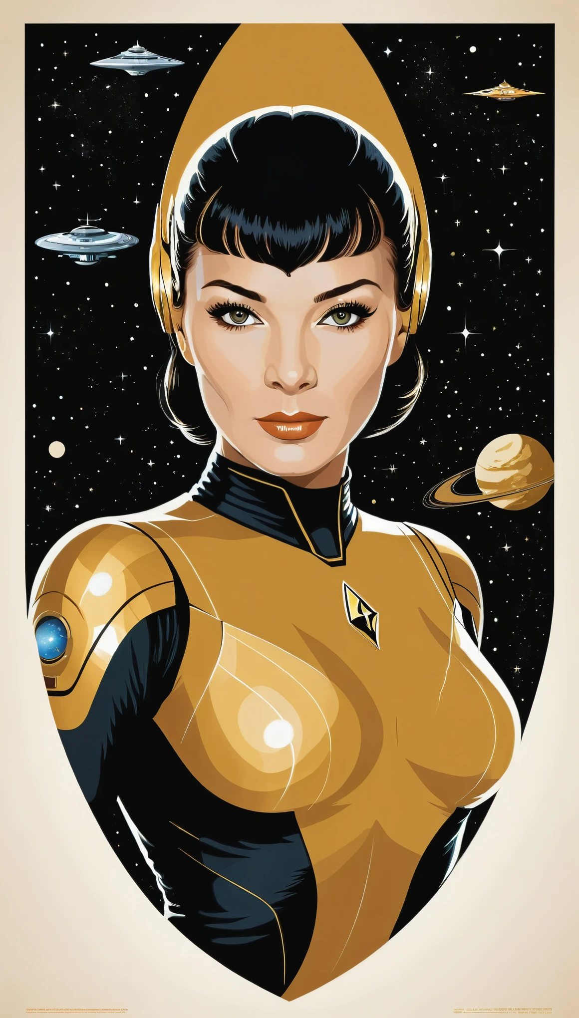(masterpiece:1.2),(Black and gold bicolor vector art:1.3),Jody Berghsma style,(Vector Flat:1.3),(Sci-fi movie posters:1.6),Sexy Woman,Space Body Suit,star trek style,Milky Way,planet,Spaceship,adventure