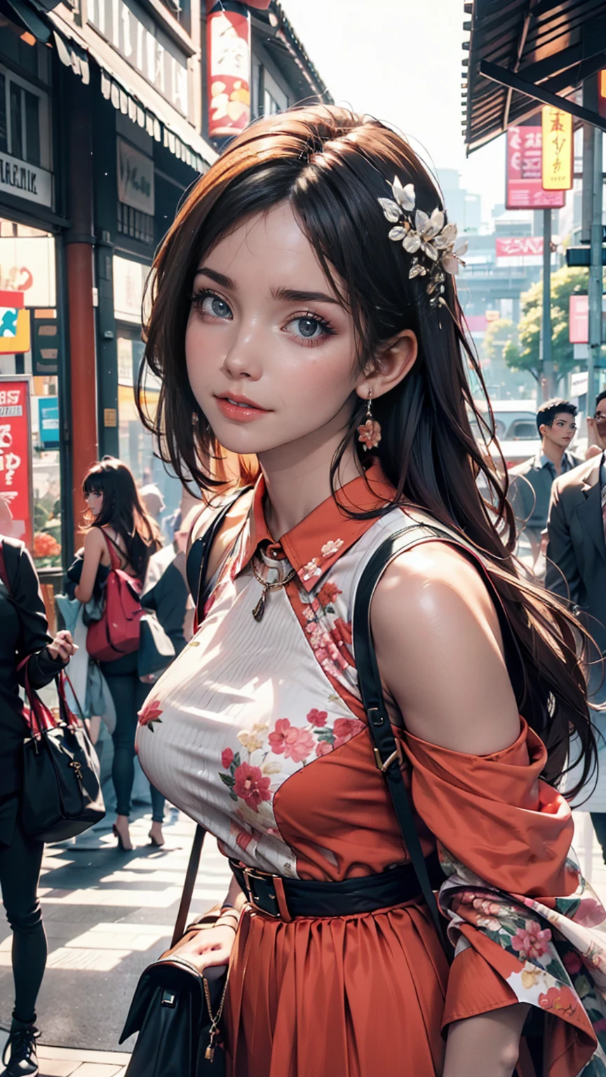With Singapore's Marina Bay Sands in the background、A woman in sophisticated urban fashion is walking。She wore slim black pants and a simple white blouse.、Wearing large sunglasses。Nearby are the enormous Supertrees of Gardens by the Bay.
