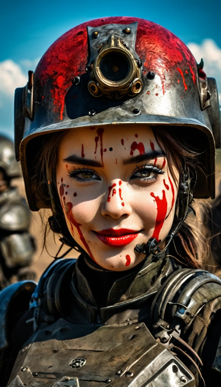Close-up of a ((extremely beautiful girl warior)) , half human, half beast, their faces partially obscured by military helmets. Their eyes are filled with sadness and longing. The background is a trail of blood and violence. SHe wears a mechanized robot armor, carved with animal elements, human skulls. The sky is filled with swirling, fiery clouds. The photo conveys a strong sense of the warrior's appearance, ((brightly smiling))