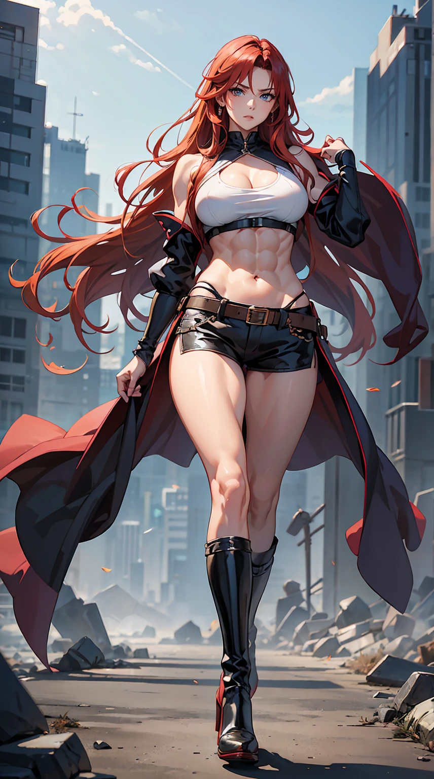 Highest quality、masterpiece、8k、Realistic、超High resolution、Very delicate and beautiful、High resolution、Fantasy World、Muscle Girl、Perfect female body、Beautiful woman、Mature Woman、Redhead、Long Hair、Six Pack、Big muscles、Toned body、Large Breasts 、Cape、Tank top、I can see your belly、pants、boots、cigarette、Wild Pose、Full body emphasis、Simple Background、anger、Fighter