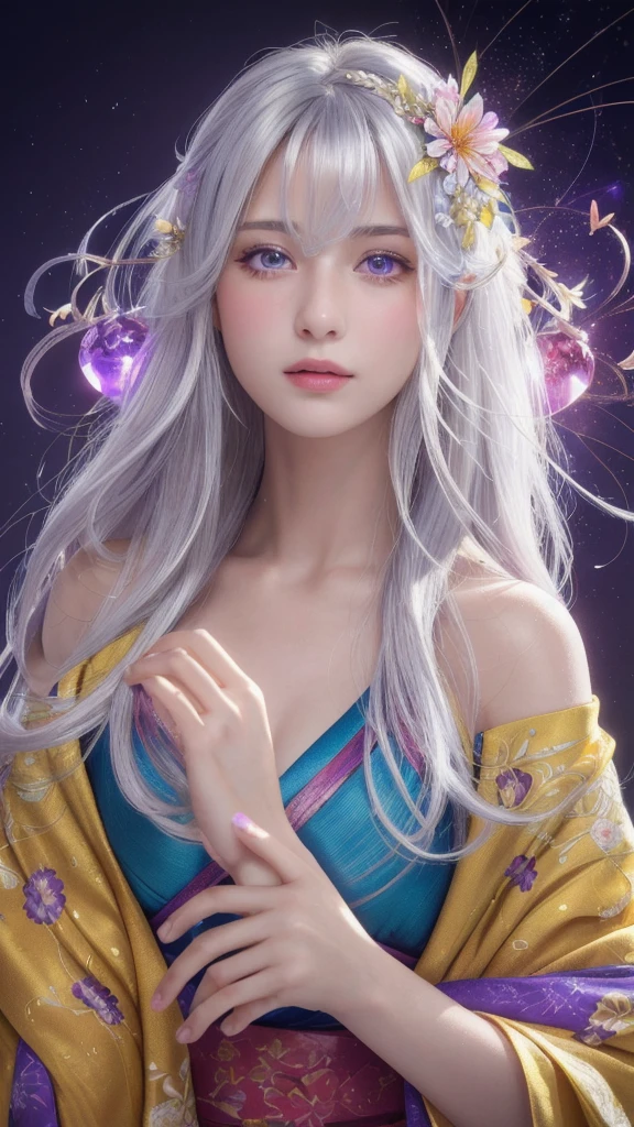 (masterpiece:1.3), (8k, photorealistic, raw photo, highest quality:1.4), (one girl), beautiful face, (realistic face), (long hair), (silver hair, near white hair, shiny hair, beautiful straight hair), (even bangs), (sharp bangs), straight hairstyle, realistic eyes, beautiful detailed eyes (purple eyes), (sharp eyes), (realistic skin), beautiful skin, (kimono), (magician's kimono), (flower hair ornament), attractive, ultra high resolution, ultra realistic, highly detailed, golden ratio, colorful background, (flowers blooming), (energy dancing background), magician, facing forward, facing from shoulders, looking straight ahead, both shoulders facing towards you, holding crystal ball, (heart crystal ball, love crystal ball).