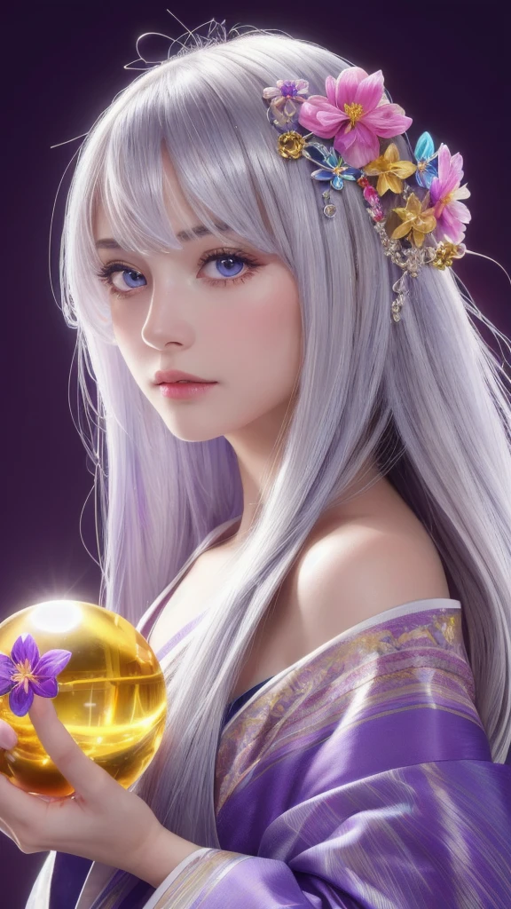 (masterpiece:1.3), (8k, photorealistic, raw photo, highest quality:1.4), (one girl), beautiful face, (realistic face), (long hair), (silver hair, near white hair, shiny hair, beautiful straight hair), (even bangs), (sharp bangs), straight hairstyle, realistic eyes, beautiful detailed eyes (purple eyes), (sharp eyes), (realistic skin), beautiful skin, (kimono), (magician's kimono), (flower hair ornament), attractive, ultra high resolution, ultra realistic, highly detailed, golden ratio, colorful background, (flowers blooming), (energy dancing background), magician, facing forward, facing from shoulders, looking straight ahead, both shoulders facing towards you, holding crystal ball, (heart crystal ball, love crystal ball).