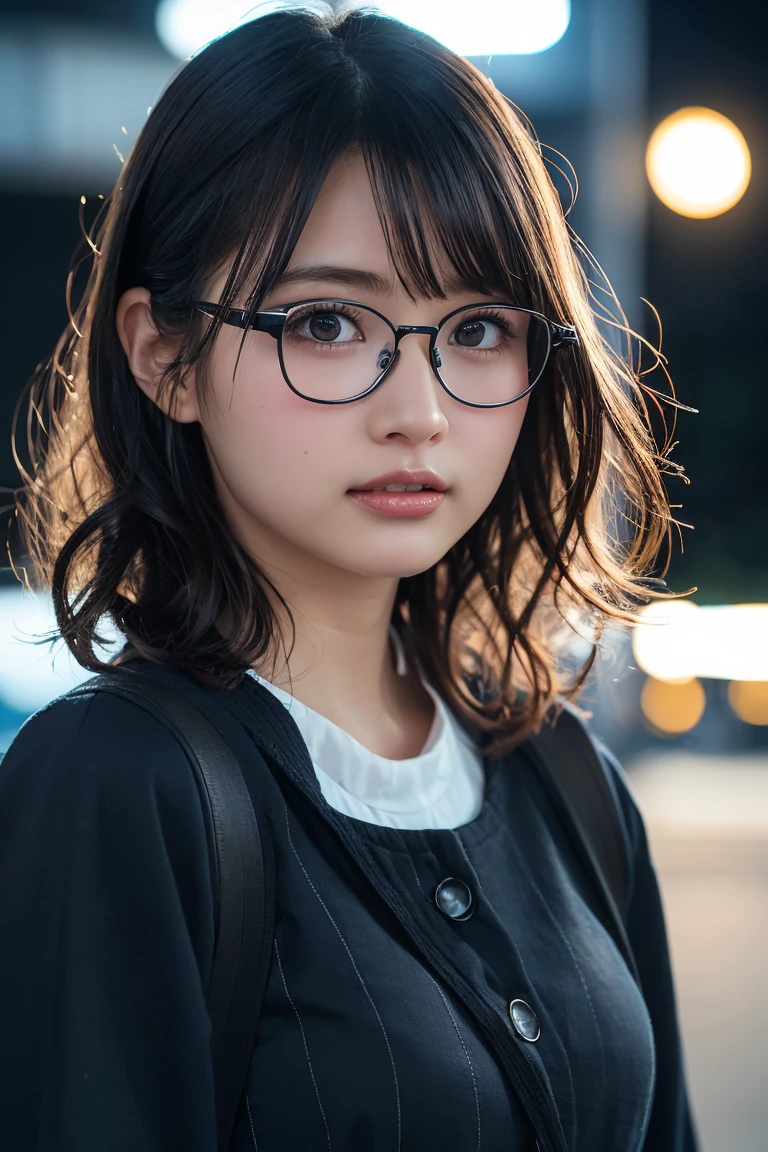 (8k、RAW Photos、Highest quality、masterpiece:1.2)、(Realistic、Photorealistic:1.37)、Ultra-detailed、Ultra-high resolution、1 girl、Seeing the viewer、Beautifully detailed face、Laughter、narrow、(Narrow waist) :1.3)、Chic autumn clothes、Beautifully detailed skin、Skin Texture、Floating Hair、((Curly Hair, Quirky hairstyle, Ahoge))、Professional Lighting、In front of the station at night、((Black square glasses ))、Human whole body、Brown Hair、Clothes color is random