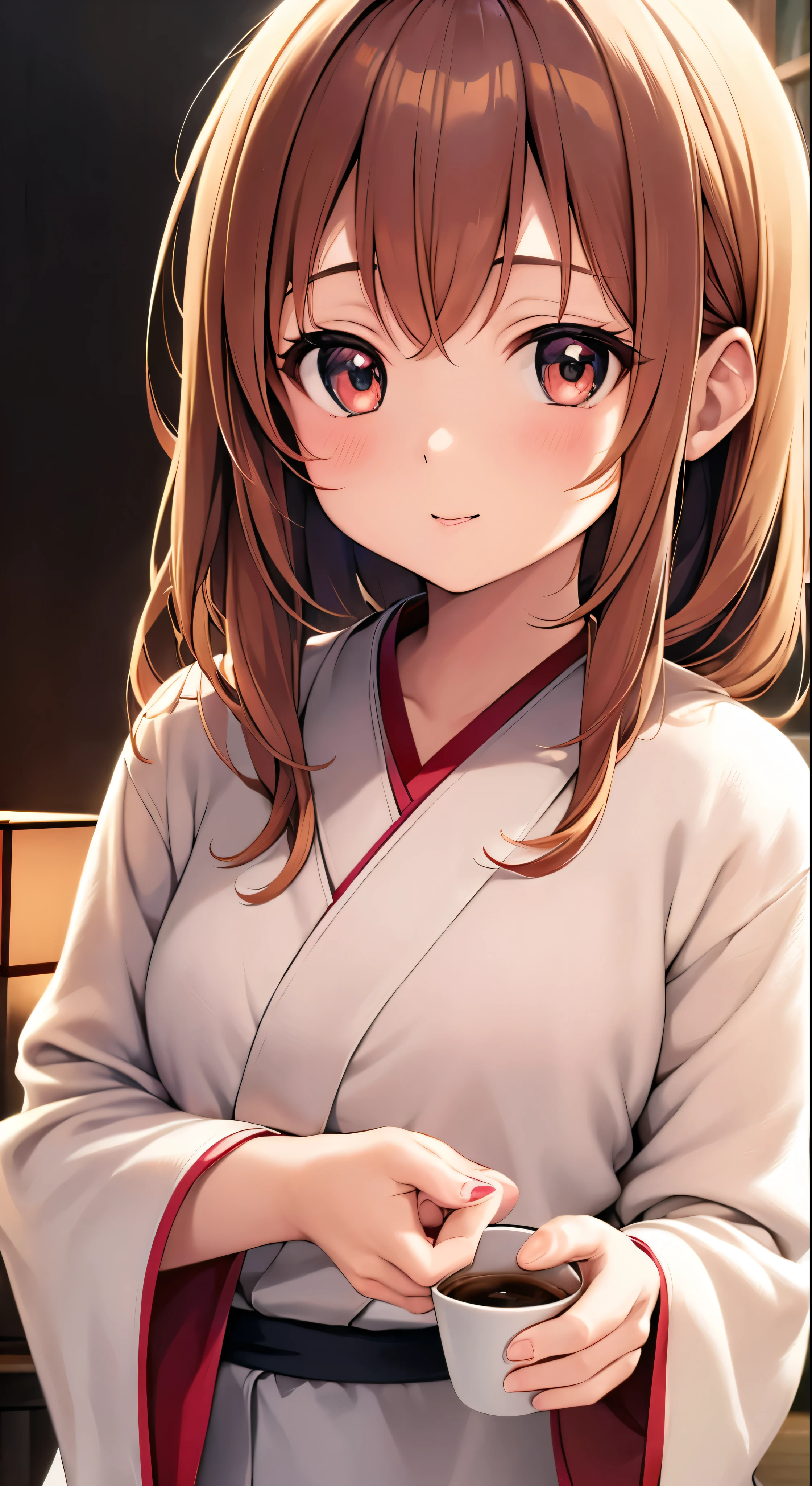 with high definition images，Anime Girls，Young girl holding a cup of coffee in her hands、Cute little face girl、Cute natural anime face、Cute - Detailed - Face、Sakimi-chan、Chiho、Yoshitomo Nara、Young pretty face、Beautiful Japanese girl face、Brown hair and big eyes、Cute pretty girl、Beautiful light big eyes