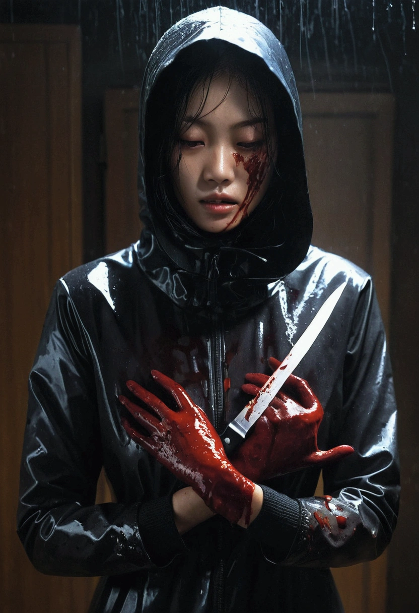 korean girl, (behind corpse, balaclava), grabbing breast, holding knife, stabbing, black gloves, woman on top, room full of blood, transparent raincoat, hood up, holding knife, black gloves, behind corpse, blood splatter, black wet suit, night, mass murderer, robbery, dark atmosphere, cinematic lighting, atmospheric realistic,
