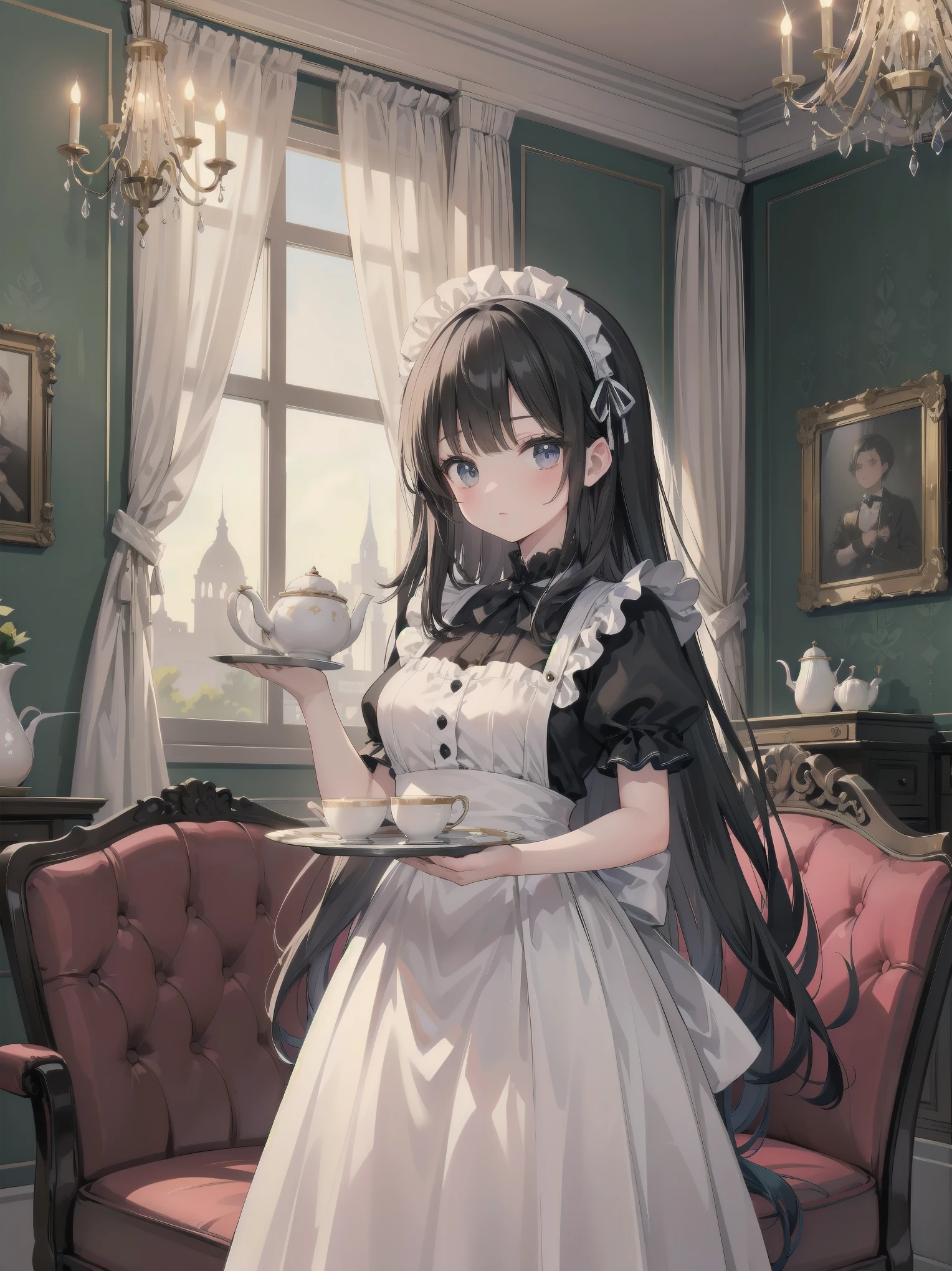 Illustration of a beautiful girl in a cute pose,(Masterpiece: 1.2), (Best quality: 1.2), A cute girl with long black hair, dressed in a classic black and white maid outfit with frilly lace and a matching headband, is standing in a beautifully decorated Victorian-style parlor. She is holding a silver tray with a teapot and teacup, her expression a mix of professionalism and warmth. The background includes ornate furniture, a chandelier, and large windows with heavy drapes, all bathed in soft afternoon light. This illustration emphasizes the elegant and welcoming atmosphere of a high-class tea service