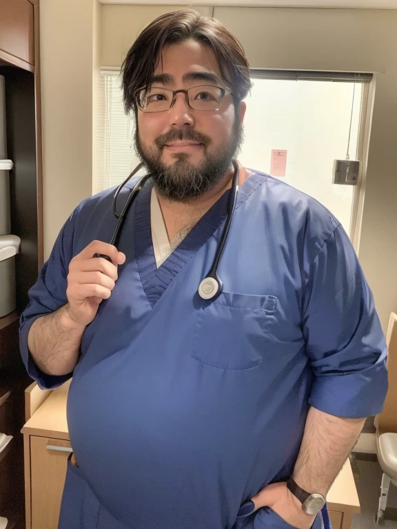 male, alone, ((Yossan)), beard, Glasses, (Are fat), (male性看護師), Medical scrub, Stethoscope, Interact with patients, Medical equipment, Bright hospital room, Supporting, smile
