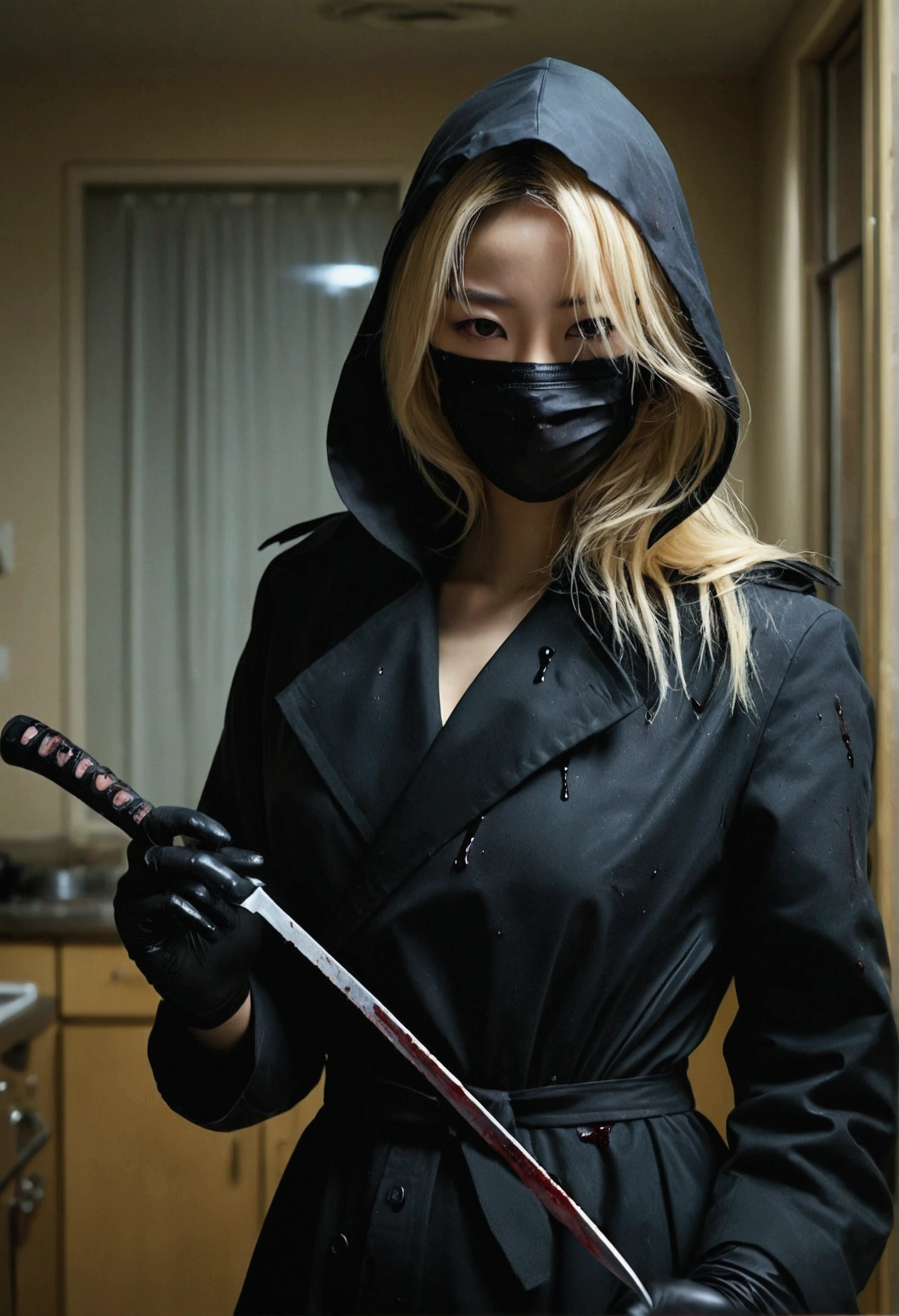 korean beautiful girl, (behind corpse, surgical mask), holding knife, stabbing, black gloves, room full of blood, black trench coat, hood up, holding knife, black gloves, behind corpse, blood splatter, blonde hair, black wet suit, night, mass murderer, robbery, dark atmosphere, cinematic lighting, atmospheric realistic,
