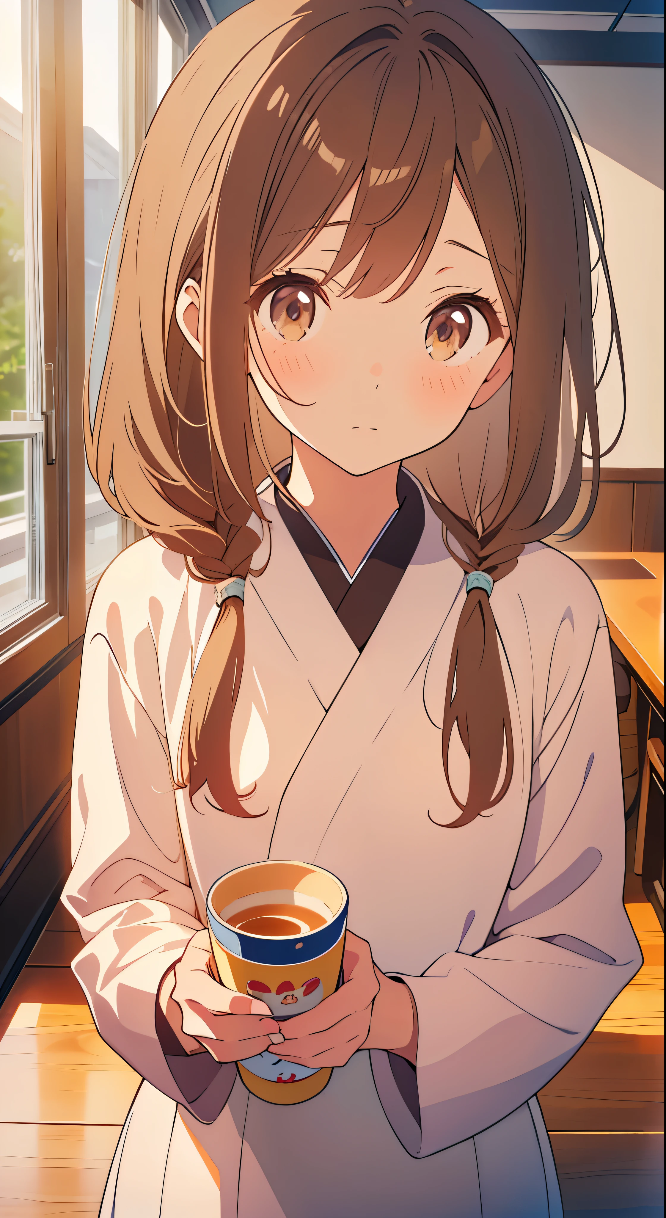 with high definition images，Anime Girls，Young girl holding a cup of coffee in her hands、Cute little face girl、Cute natural anime face、Cute - Detailed - Face、Sakimi-chan、Chiho、Yoshitomo Nara、Young pretty face、Beautiful Japanese girl face、Brown hair and big eyes、Cute pretty girl、Beautiful light big eyes