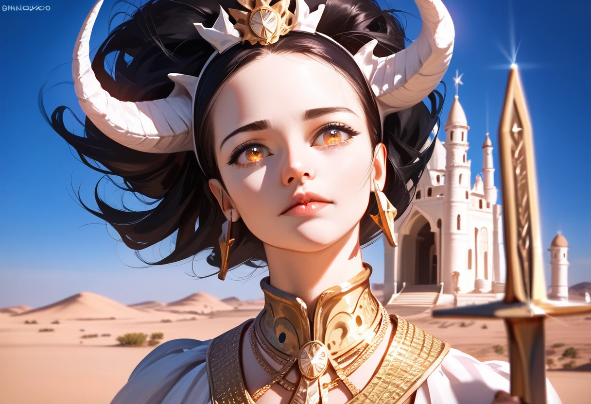 (best quality,4k,8k,highres,masterpiece:1.2),ultra-detailed,(realistic,photorealistic,photo-realistic:1.37),1girl,golden ram horns,black poncho with golden embroidery,golden eyes,downcast eyes,forehead,short black hair,beautiful face,tall stature,large sword floating behind,vast white desert,large white castle in the distance