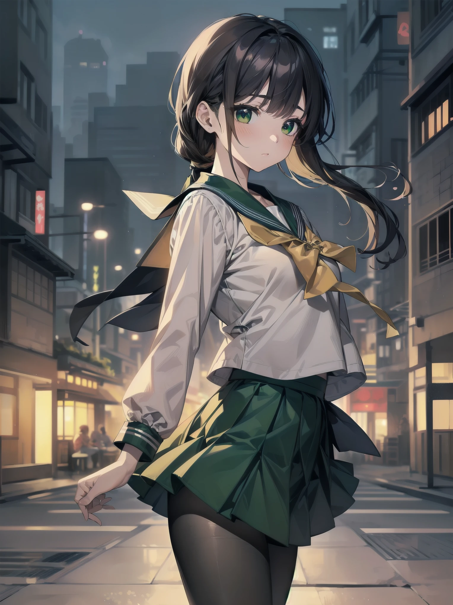 Masterpiece, illustration, super detailed, kawaii, one girl, 独奏, slender 14 year old, Japanese girl, chou chou, ribbon, nape of neck, low ponytail, cute pose in Less revealing attire, (green sailor outfit, two gold lines), large gold ribbon, priss skirt, black pantyhose, , Long Sleeves, White innerwear for sailor suit, living room, cowgirl shot, sfw, dynamic angle、Close-up on the characters、(building, city、A dense fog of fluorescent particles、1800Era、Japanese Style、Fiction、grow、Overwhelming、Detailed street)、A beautiful girl with a beautiful background and a super cute pose