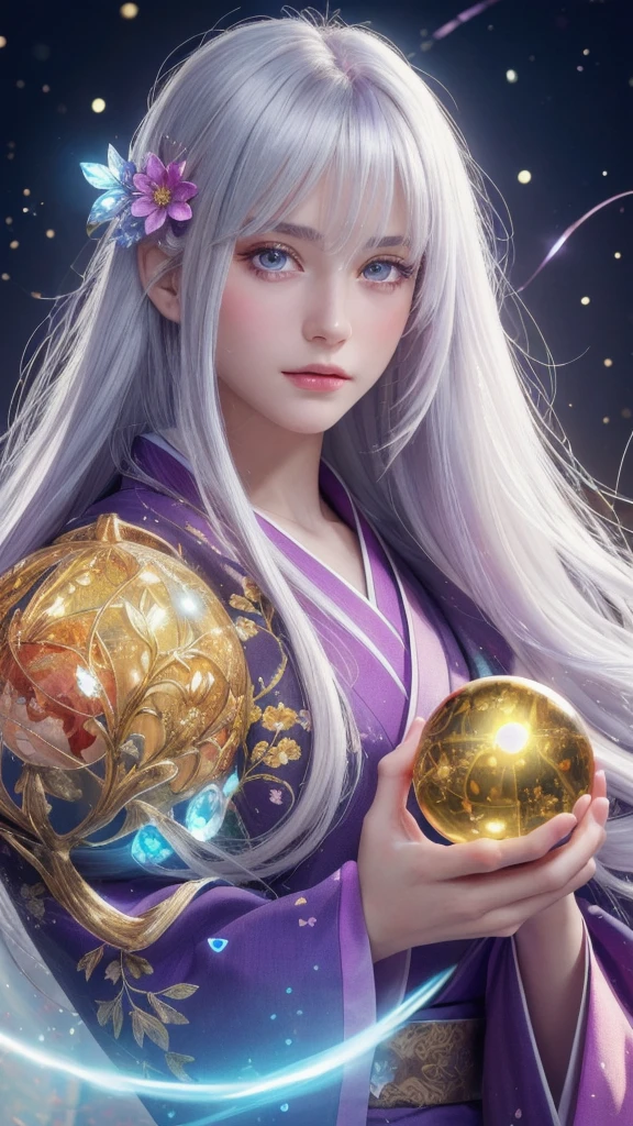 (masterpiece:1.3), (8k, photorealistic, raw photo, highest quality:1.4), (one girl), beautiful face, (realistic face), (long hair), (silver hair, near white hair, shiny hair, beautiful straight hair), (even bangs), (Sharp bangs), straight hairstyle, realistic eyes, beautiful detailed eyes (purple eyes), (sharp eyes), (realistic skin), beautiful skin, (kimono), (magician's kimono), (flower hair ornament), attractive, ultra high resolution, ultra realistic, highly detailed, golden ratio, colorful background, (flowers blooming), (energy dancing background), magician, facing forward, facing from shoulders, looking straight ahead, both shoulders facing towards you, holding crystal ball, (heart crystal ball, love crystal ball).Anatomically correct, Highest quality, accurate, Impressionism, High resolution, Gaze, 