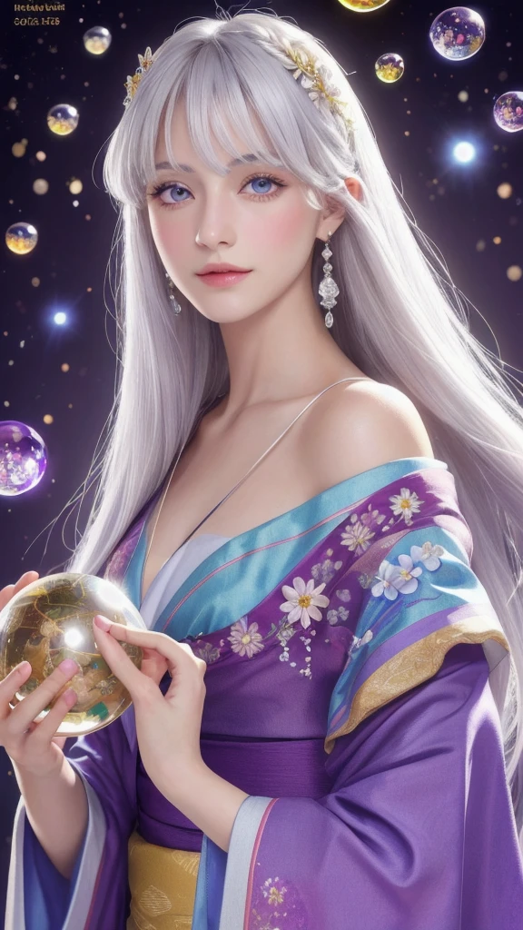 (masterpiece:1.3), (8k, photorealistic, raw photo, highest quality:1.4), (one girl), beautiful face, (realistic face), (long hair), (silver hair, near white hair, shiny hair, beautiful straight hair), (even bangs), (Sharp bangs), straight hairstyle, realistic eyes, beautiful detailed eyes (purple eyes), (sharp eyes), (realistic skin), beautiful skin, (kimono), (magician's kimono), (flower hair ornament), attractive, ultra high resolution, ultra realistic, highly detailed, golden ratio, colorful background, (flowers blooming), (energy dancing background), magician, facing forward, facing from shoulders, looking straight ahead, both shoulders facing towards you, holding crystal ball, (heart crystal ball, love crystal ball).Anatomically correct, Highest quality, accurate, Impressionism, High resolution, Gaze, 