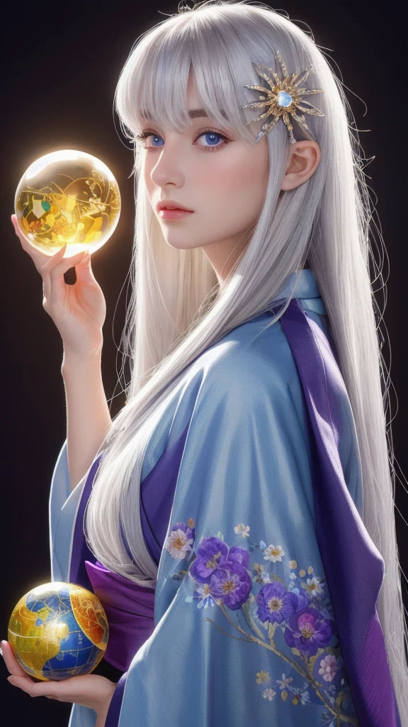 (masterpiece:1.3), (8k, photorealistic, raw photo, highest quality:1.4), (one girl), beautiful face, (realistic face), (long hair), (silver hair, near white hair, shiny hair, beautiful straight hair), (even bangs), (Sharp bangs), straight hairstyle, realistic eyes, beautiful detailed eyes (purple eyes), (sharp eyes), (realistic skin), beautiful skin, (kimono), (magician's kimono), (flower hair ornament), attractive, ultra high resolution, ultra realistic, highly detailed, golden ratio, colorful background, (flowers blooming), (energy dancing background), magician, facing forward, facing from shoulders, looking straight ahead, both shoulders facing towards you, holding crystal ball, (heart crystal ball, love crystal ball).Anatomically correct, Highest quality, accurate, Impressionism, High resolution, Gaze,