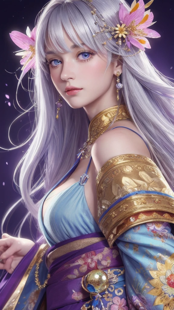 (masterpiece:1.3), (8k, photorealistic, raw photo, highest quality:1.4), (one girl), beautiful face, (realistic face), (long hair), (silver hair, near white hair, shiny hair, beautiful straight hair), (even bangs), (Sharp bangs), straight hairstyle, realistic eyes, beautiful detailed eyes (purple eyes), (sharp eyes), (realistic skin), beautiful skin, (kimono), (magician's kimono), (flower hair ornament), attractive, ultra high resolution, ultra realistic, highly detailed, golden ratio, colorful background, (flowers blooming), (energy dancing background), magician, facing forward, facing from shoulders, looking straight ahead, both shoulders facing towards you, holding crystal ball, (heart crystal ball, love crystal ball).Anatomically correct, Highest quality, accurate, Impressionism, High resolution, Gaze,