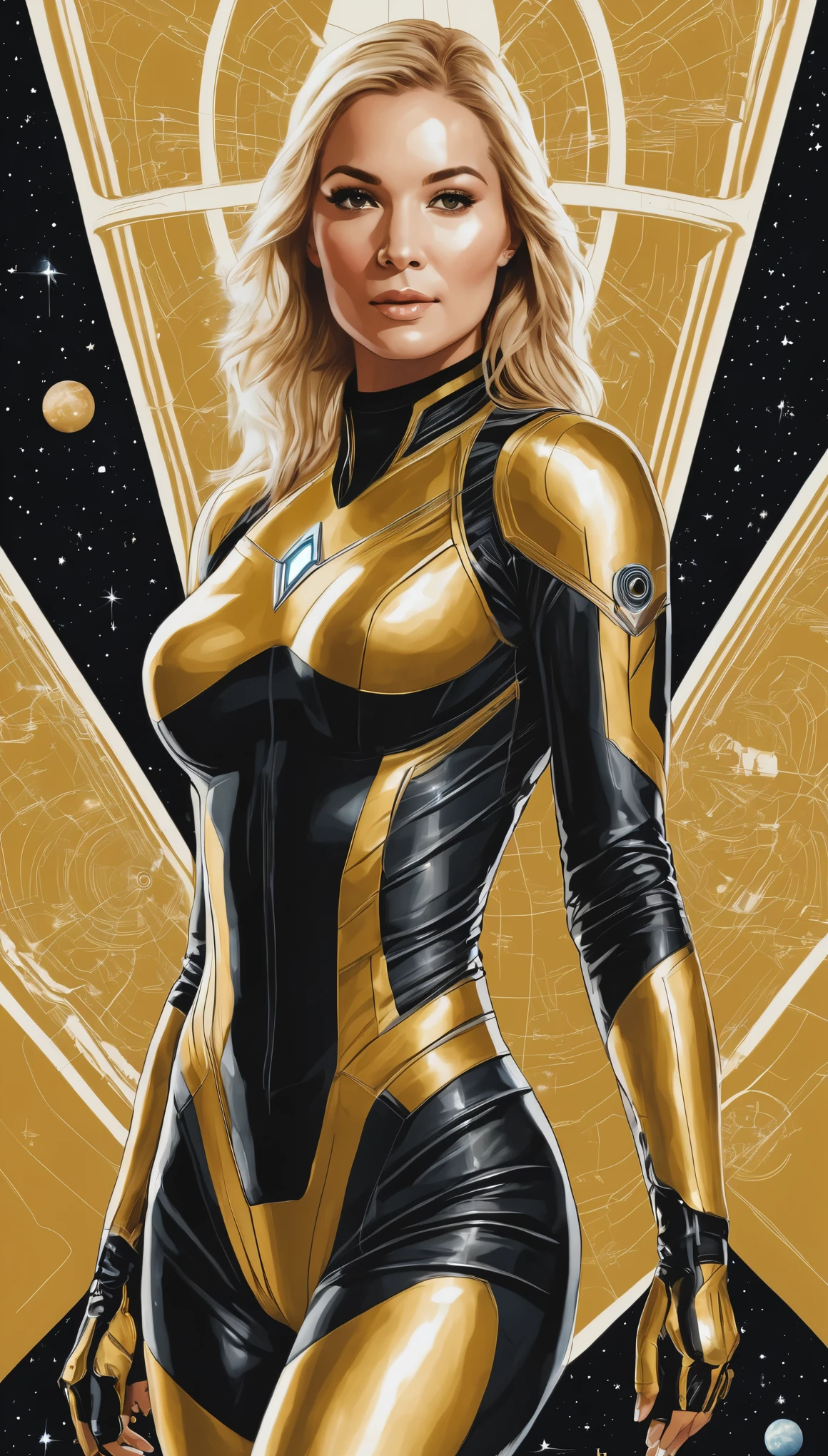 (masterpiece:1.2),(Black and gold bicolor vector art:1.4),Jody Berghsma style,(Vector Flat:1.2),(Sci-fi movie posters:1.6),Sexy Woman,Space Body Suit,star trek style,Milky Way,planet,Spaceship,adventure