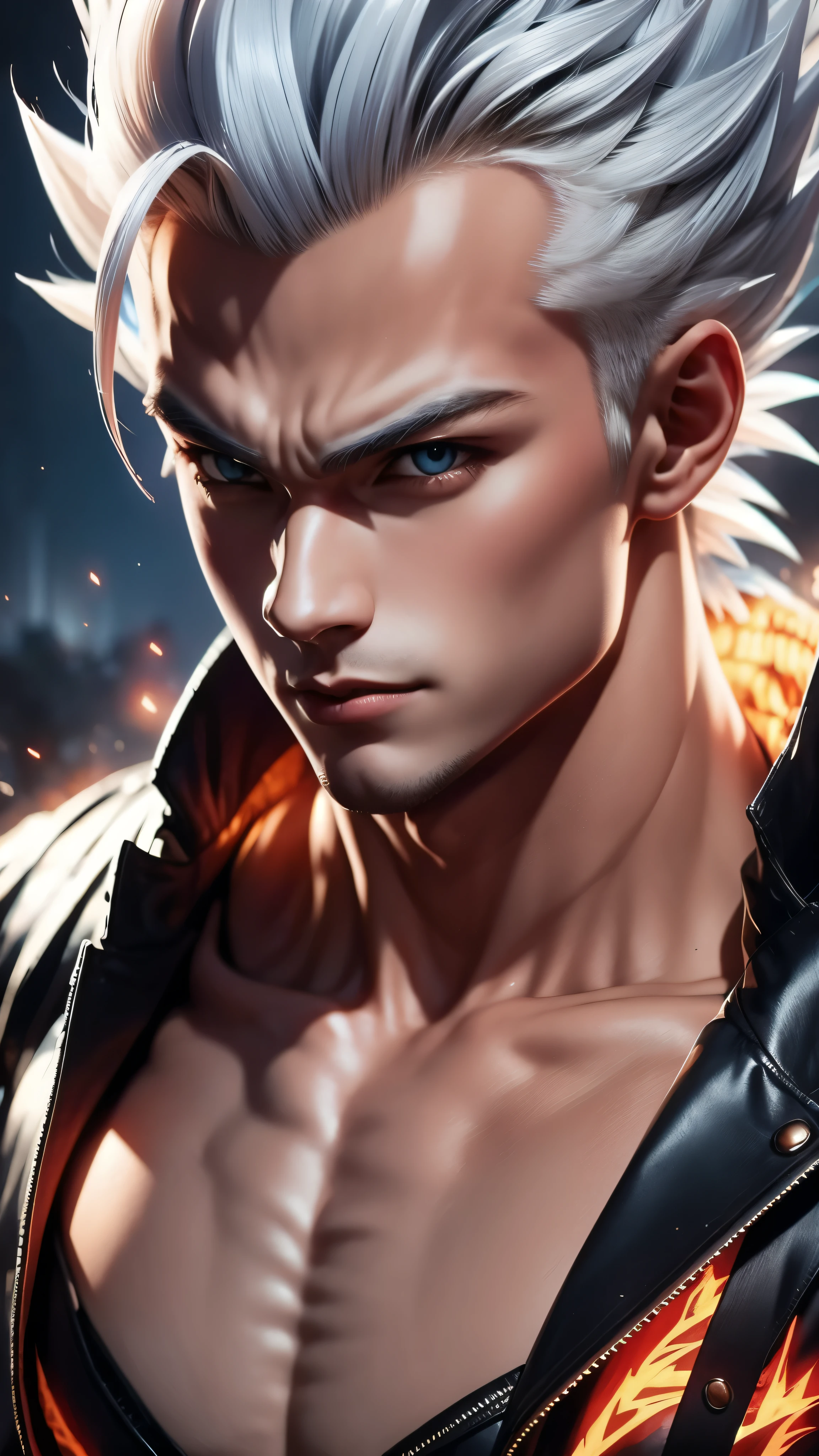 A true masterpiece of masculine beauty. Gohan, super sayagin 5, 20 years old, Wears a martial arts outfit and fights in a haunted and abandoned city, solo. Moonlight accentuates muscles just right. The landscape is lush and mysterious, with a dark city. The camera details everything. When looking at beautiful eyes, attractive blue eyes facing the viewer, one can clearly see every small detail, every perfect line, every detail of beautiful 8K quality skin, everyone is captivated by the beauty. Confidence radiates from every look. His head has white hair and his face is meticulously detailed in 8K quality images. Is a character in the Dragon Ball Seven series.