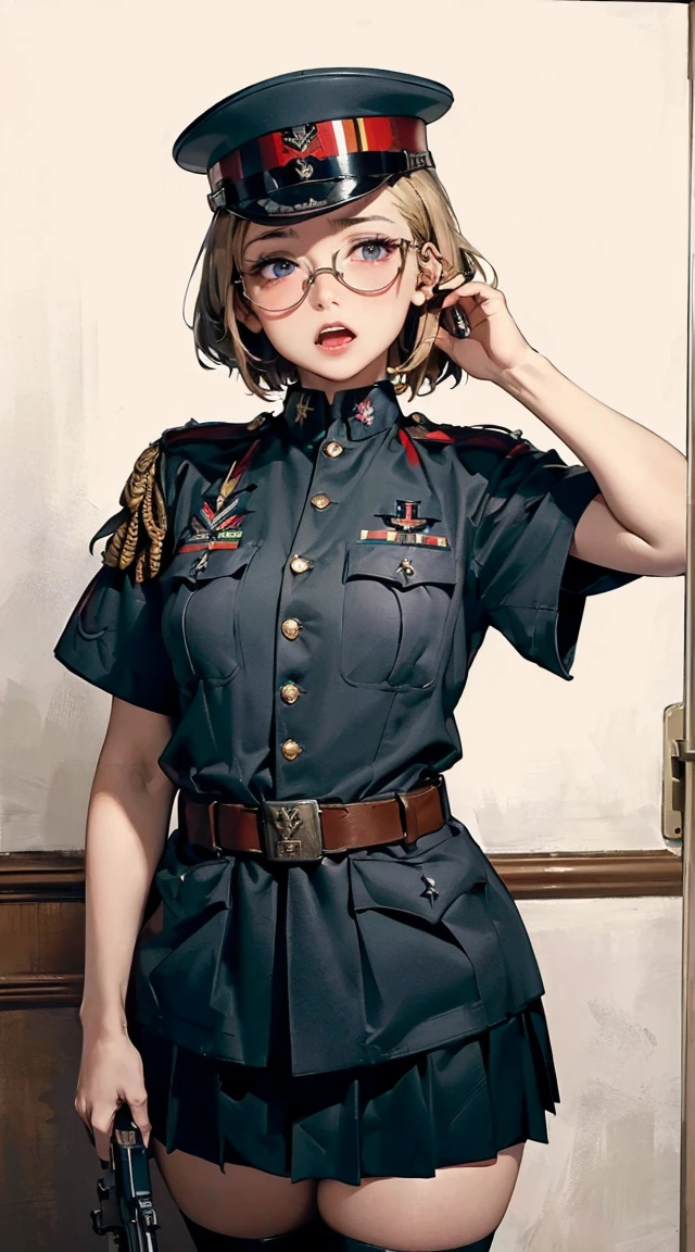
(insanely detailed, beautiful detailed face,  masterpiece, beautiful detailed  eyes, best quality)  　　((8K resolution))、((highest quality))、((masterpiece))、((Super detailed))((((dramatic))), (anatomically correct)、one woman、28 years old,thin,very short hair,pixie cut ,black hair, jagged teeth、double teeth、mouth is slightly open、blushed、(half closed eyes:1.1),thin bear、NSFW,small breasts、small nipples、white t-shirt、No underwear、tattoo、navel piercing、pubic hair,pussy,(theme、whole body)、Bedroom,on the bed, Liar,behind, modest, remote shooting, detailed beautiful delicate face, Detailed beautiful delicate eyes, perfect facial proportions, High definition skin, thin skin, best four inch aspect ratio. With a thumb, a masterpiece, highy detailed, Realistic, (German World War II general uniform reference : 1.8), the highest facial resolution, , mulher modestmente vestida, fully dressed, ( mic, blackquality hair, black bangs straight, super thin braids, bmasterpiece, best quality, highres 
solo, 1girl, cowboy shot, :o
p38 \(girls' frontline\), p38original, brown hair, purple eyes, (garrison cap:1.2), military uniform, short sleeves, pleated skirt, belt pouch, iron cross medal, thighhighs, holding gun, handgun, waltherangs straight, Red glasses, dark green eye, science fiction, Fighter aircraft, standing On the landing of a Fighter aircraft, the agency, a deeply intelligent personality, A calm expression, a respectful face, a war, a Fighter aircraft　BIGHIP　bigass　FUCKOFF　FUCKFUCKFUCK
