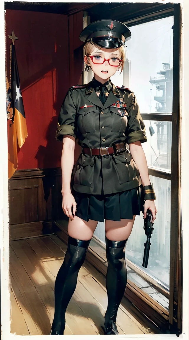 
(insanely detailed, beautiful detailed face,  masterpiece, beautiful detailed  eyes, best quality)  　　((8K resolution))、((highest quality))、((masterpiece))、((Super detailed))((((dramatic))), (anatomically correct)、one woman、28 years old,thin,very short hair,pixie cut ,black hair, jagged teeth、double teeth、mouth is slightly open、blushed、(half closed eyes:1.1),thin bear、NSFW,small breasts、small nipples、white t-shirt、No underwear、tattoo、navel piercing、pubic hair,pussy,(theme、whole body)、Bedroom,on the bed, Liar,behind, modest, remote shooting, detailed beautiful delicate face, Detailed beautiful delicate eyes, perfect facial proportions, High definition skin, thin skin, best four inch aspect ratio. With a thumb, a masterpiece, highy detailed, Realistic, (German World War II general uniform reference : 1.8), the highest facial resolution, , mulher modestmente vestida, fully dressed, ( mic, blackquality hair, black bangs straight, super thin braids, bmasterpiece, best quality, highres 
solo, 1girl, cowboy shot, :o
p38 \(girls' frontline\), p38original, brown hair, purple eyes, (garrison cap:1.2), military uniform, short sleeves, pleated skirt, belt pouch, iron cross medal, thighhighs, holding gun, handgun, waltherangs straight, Red glasses, dark green eye, science fiction, Fighter aircraft, standing On the landing of a Fighter aircraft, the agency, a deeply intelligent personality, A calm expression, a respectful face, a war, a Fighter aircraft　BIGHIP　bigass　FUCKOFF　FUCKFUCKFUCK