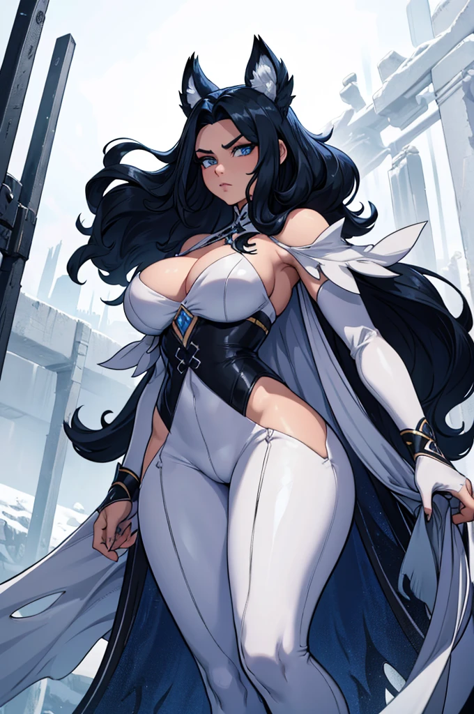 A woman with fierce elegance, her hair, long and straight, is pure white with light golden sparkles, cascading over her shoulders and back. Her face, framed by loose locks, is delicate but with a piercing gaze of sapphire blue eyes and a pair of white tiger ears adorn her head. Her figure is tall and curvy. She wears a typical Arrancar outfit, white with black details, but adapted to her personal style: a tight top that leaves her arms free, tight pants that allow fluid movement, and a light cape that moves like a ghost in the air. your surroundings. She has a white tiger tail. Her hands, though now human, retain a touch of her animal ferocity, with sharp, black nails reminiscent of the claws she once had. At her waist, she carries a sword with a hilt that appears to be made of ice, symbolizing her transition from beast to warrior. As she walks, the Arrancar tigress moves with deadly grace, leaving behind a trail of frost on the ground. Her presence is a mix of serenity and danger, like a calm snowstorm.